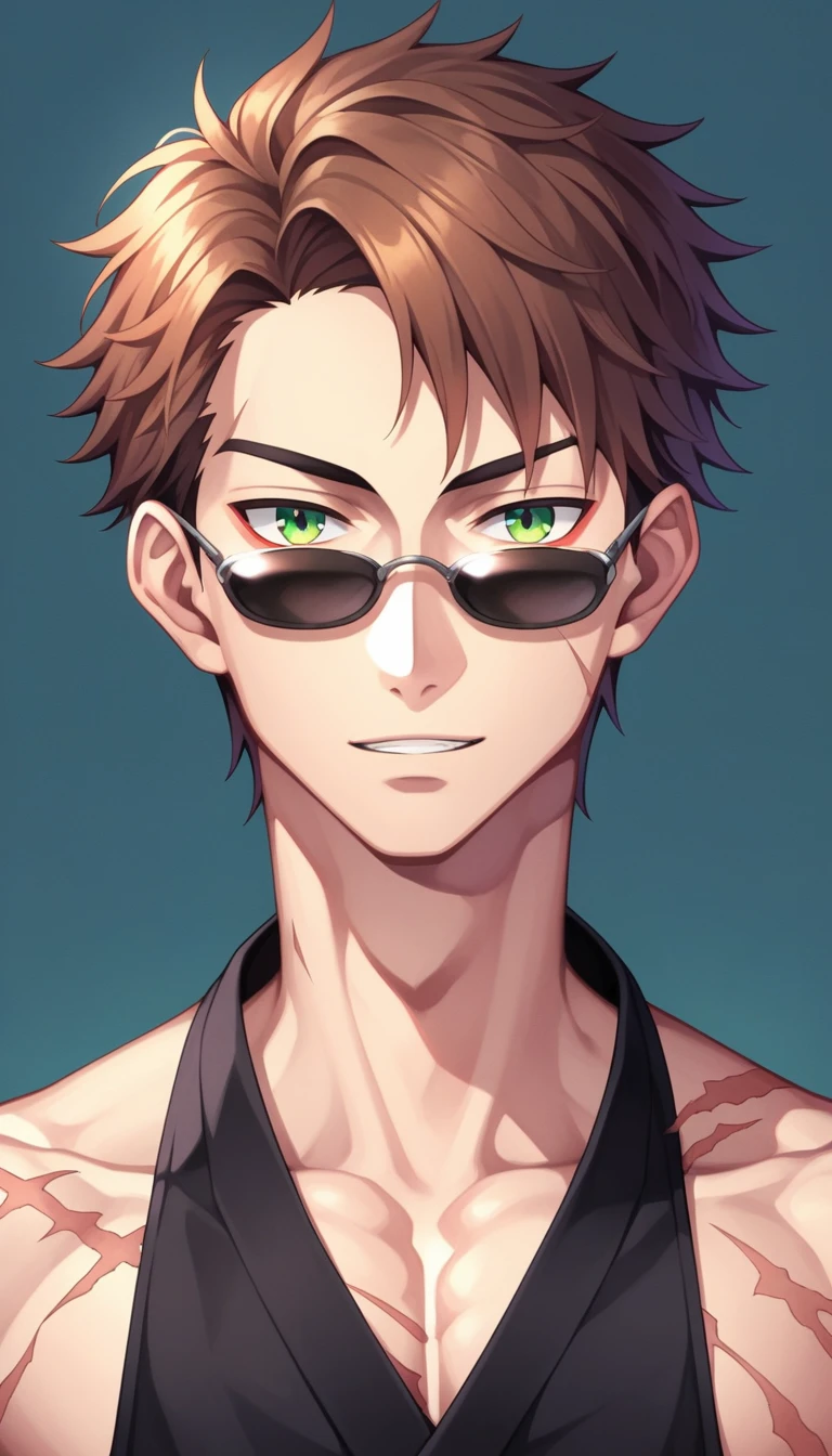 Anime Style, Yakuza, Japan Mafia, Scars on the face, male, Reddish brown hair, Green Eyes, Sharp Eyes, Short Hair, Calm. wise, Staggered sunglasses, Black ceremonial clothing, Background of the Ascending Dragon, Worldview of the Underworld, Surrealism, Expressionism, Anime Style, Cast a Shadow, Film Grain, Vignetting, silhouette, 1080P, Anatomically correct
