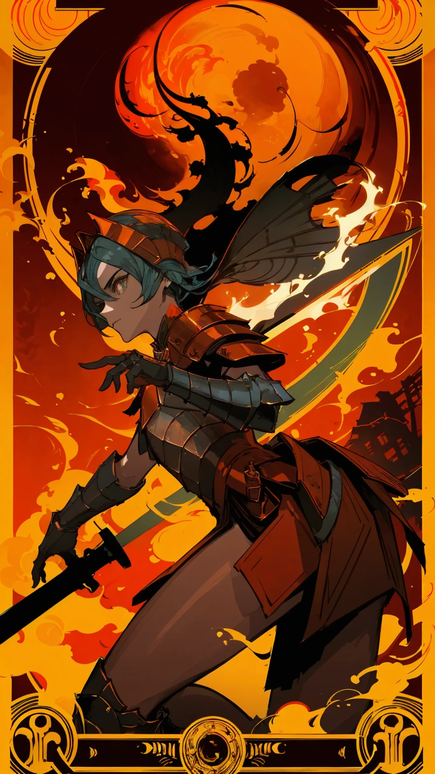 ((masterpiece)), (((best quality))),((beautiful detailed eyes)),(A art deco poster with stylized shapes luxury and sophistication:1.3),no humans,
weapon, sword, red theme, holding weapon, holding, holding sword, solo, armor, 1girl, helmet, fire, artist name, from side, cape, guts (berserk), male focus, standing, gauntlets, orange theme, 1other
