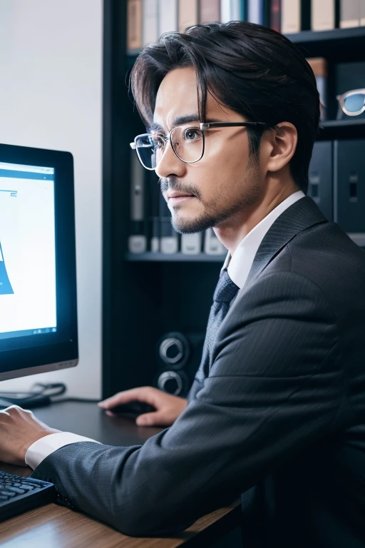 The man is looking at the monitor. His glasses have silver frames. Don't include the monitor in the background.