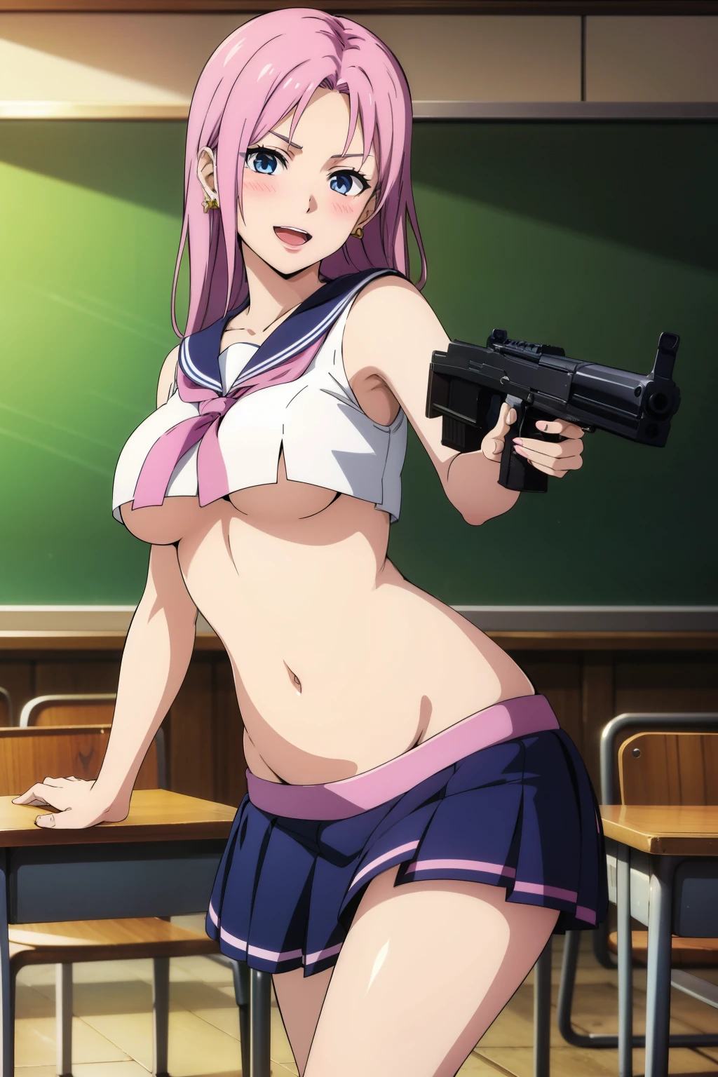 elise, mature woman, 25 yo, anime cels style,  1girl, medium breasts, beautiful face, long hair, blush, lipstick, jewelry, earrings, Hot girl, baddie, mean girl, sensual, attractive, masterpiece, best quality, highly detailed, a anime girls in sailor uniforms with a gun posing for a picture,
evil smile, smile, open mouth,black_serafuku, ecchi anime style, anime girls , (nsfw) not safe for work,
ecchi style, ecchi, shipgirls, digital anime art!!, high school girls, holding a gun, hold a gun, anime style 4
k, micro skirt, exposed belly, exposed navel, exposed midriff, holding pistol,underboob,
exposed lower belly,school, classroom