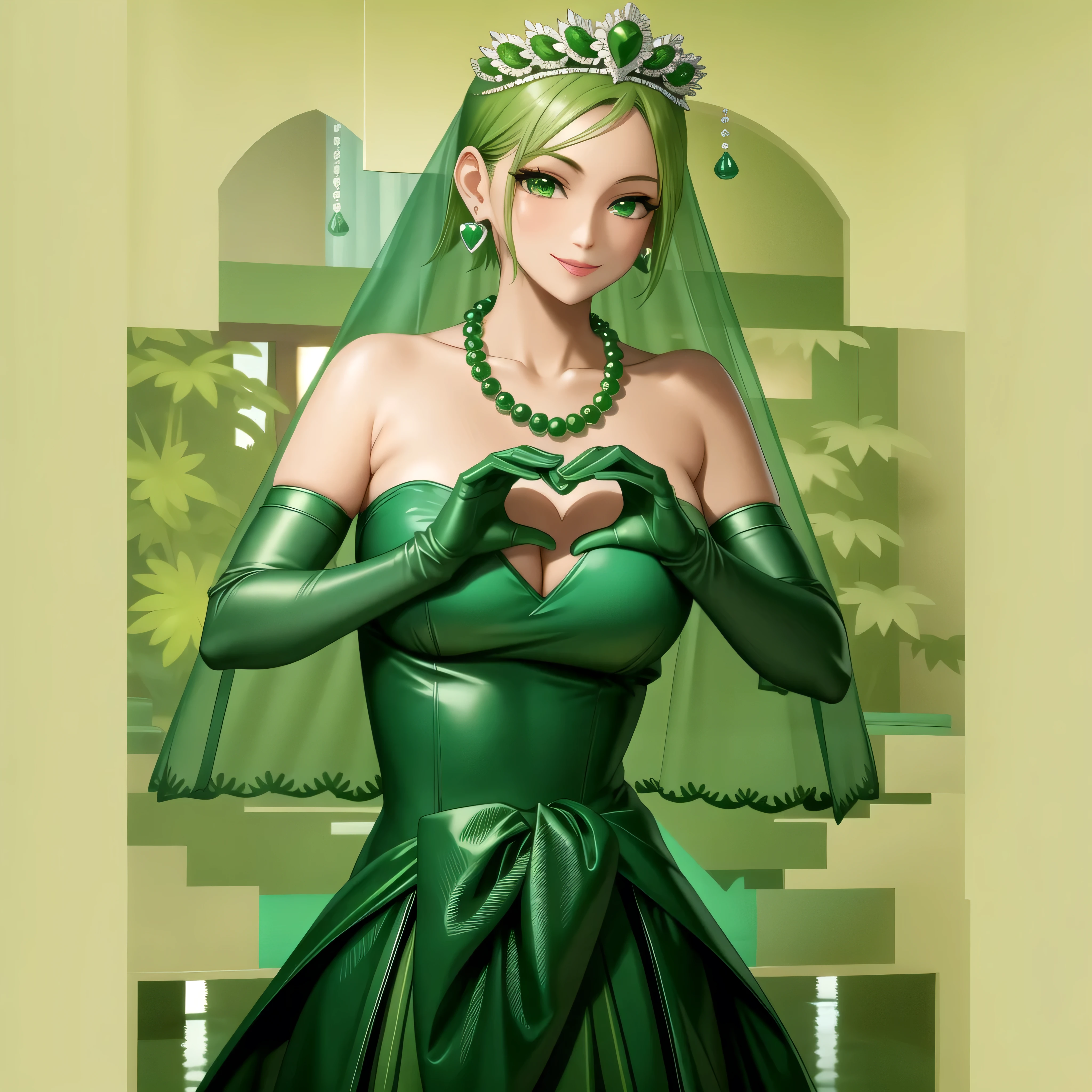 Emerald tiara, Green Pearl Necklace, Boyish very short green hair, Green Lips, Smiling Japanese woman, Very short hair, Busty beautiful lady, Green Eyes, Green satin long gloves, Green Eyes, Emerald Earrings, Green veil, Heart with both hands, Green Hair, Beautiful Japanese Woman, Heart shaped hands:1.3, green lip gloss