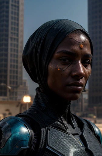 humanoid, android parts, human face, female features, middle east features, dark skin, large gun, real color photograph, futuristic elements, old building, plenty of solar light, close
