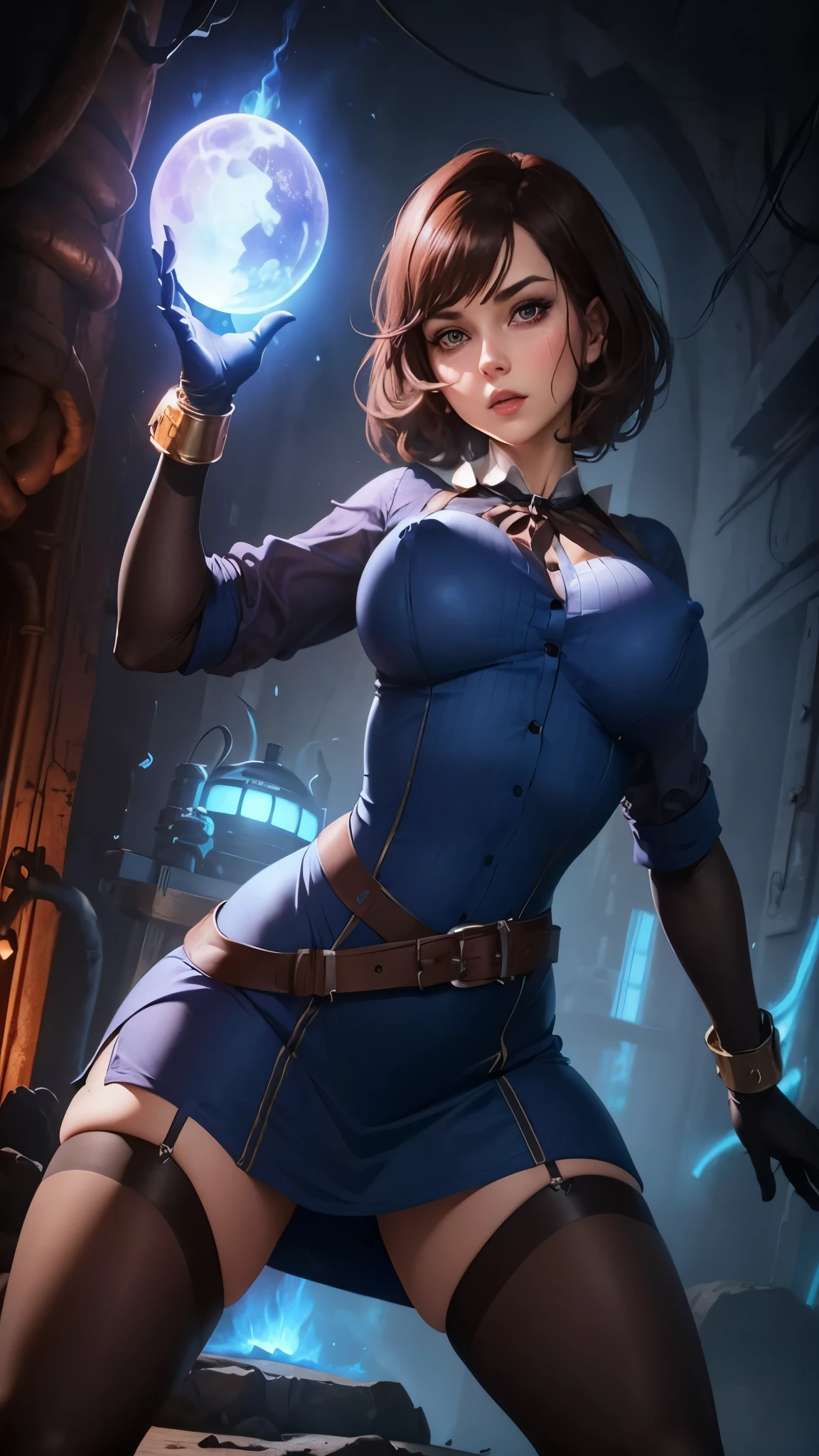 Curvy Elizabeth, small boobs, huge hips, (BioShock style), face detailing, ultra quality, (blue purple light), ((dark brown shirt mini dress, see through)), ((see through)), jacket, belts, face detailing, ultra quality, stockings, ((huge puffy nipple)), ((strong stance)), no panties, in catacombs, (magic sphere, magic electrics gloves)