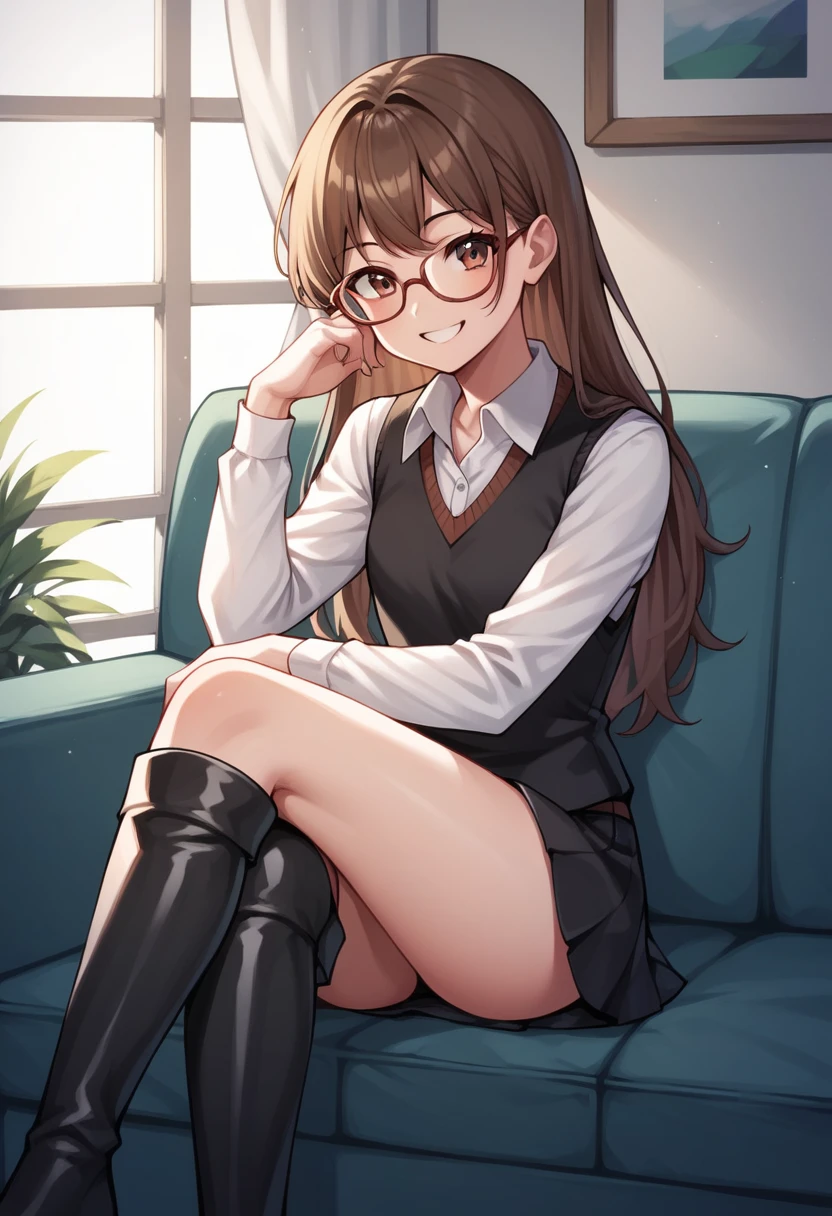 score_9, score_8_up, score_7_up, score_6_up, score_5_up, score_4_up, source_anime, 1girl,lora:amber1-000008:1>, amber5star, upper body, smile, young, brown hair, long hair, brown eyes, glasses, black vest, white shirt, thigh high boots, crossed legs, looking at the viewer, sofa, sit, room, best quality, best res, 4K UHD,