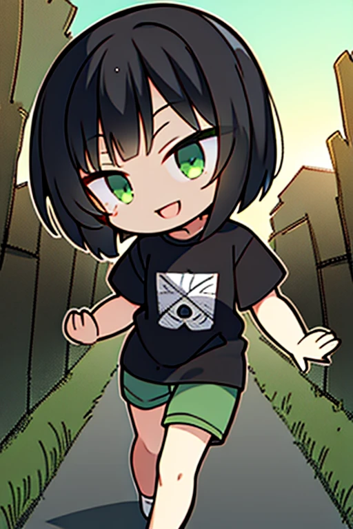 Perfect face. Perfect hands. A black haired boy with green eyes in shorts and Gothic t-shirts is running through a cemetery with a big smile
