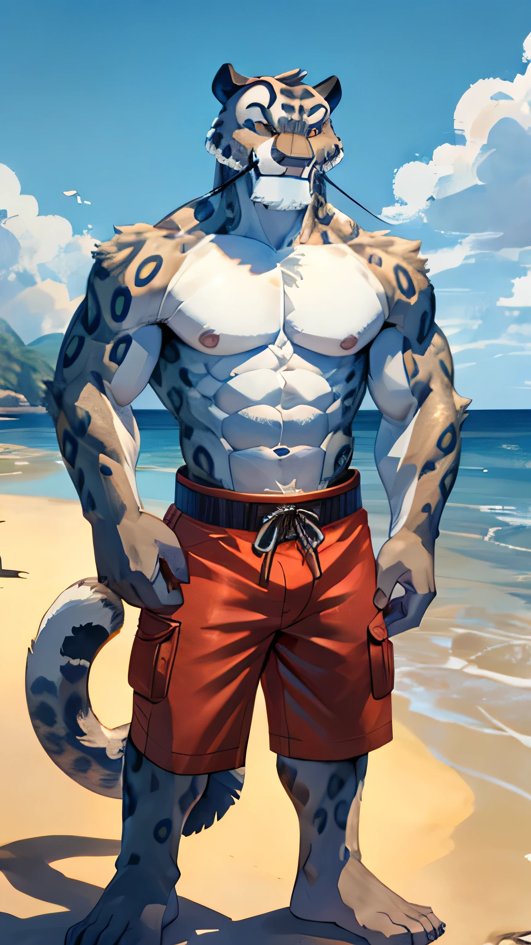 Kung Fu Panda cartoon, furry snow leopard Tai Lung, tall, slender, handsome, extremely beautiful face, muscular body, six pack abs, gentle look, shirtless, cargo shorts, bare feet, smile, on beach, lifeguard