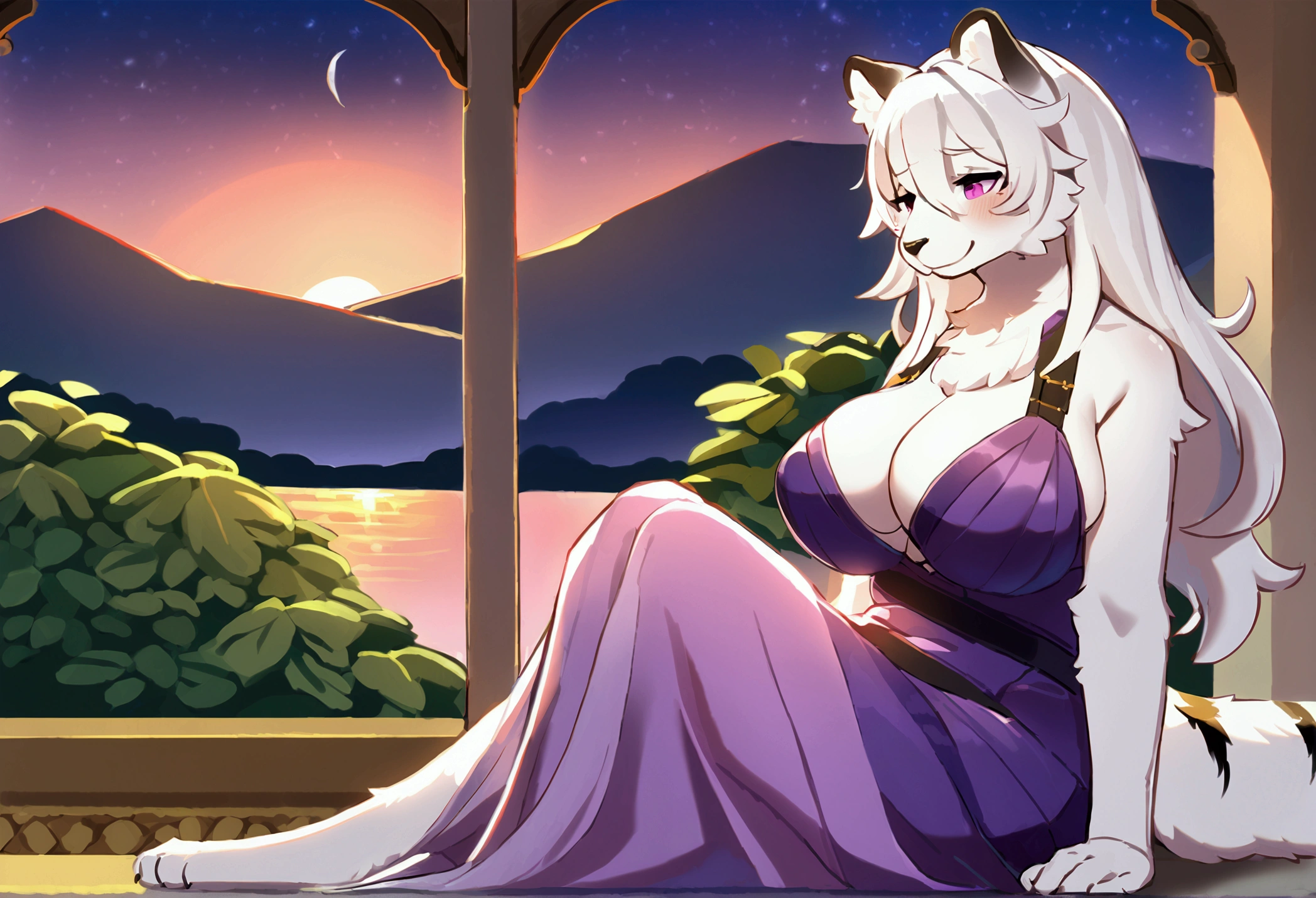 top quality, best quality, High-quality illustrations, masterpiece, 16k, 1080p, uploaded on e621)(kemono, furry, anthro, alone), round, 1 female, hot mother figure, very detailed body face and eyes, white tiger, Hannah, (Mahjong Soul: Game), white fur, fluffy, slightly chubby, big breasts, tail, perfect eyes, pink eyes, purple pupils, white long hair, beautiful evening dress, beautiful night, body movement, body twitching, shy smile, red blushing,