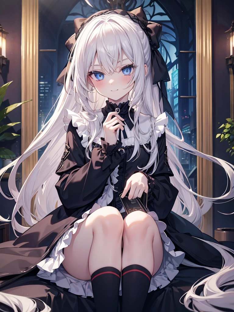 Tabletop, Highest quality, (Perfect Face:1.1), (Attention to detail:1.1), (Ultra-detailed eyes), dramatic, Ultra-thin illustration, Very detailed, One Girl, teenager,(Pale skin), Long white hair, Psychic Eyes, blue eyes,blush,alone,smile, Happy, smile, enjoy, Open your mouth, Pouting,Cinema Lighting,Upper Body,look up, Leaning forward,Long sleeve, Gothicta, Frills, ribbon,Knee-high socks,indoor,night