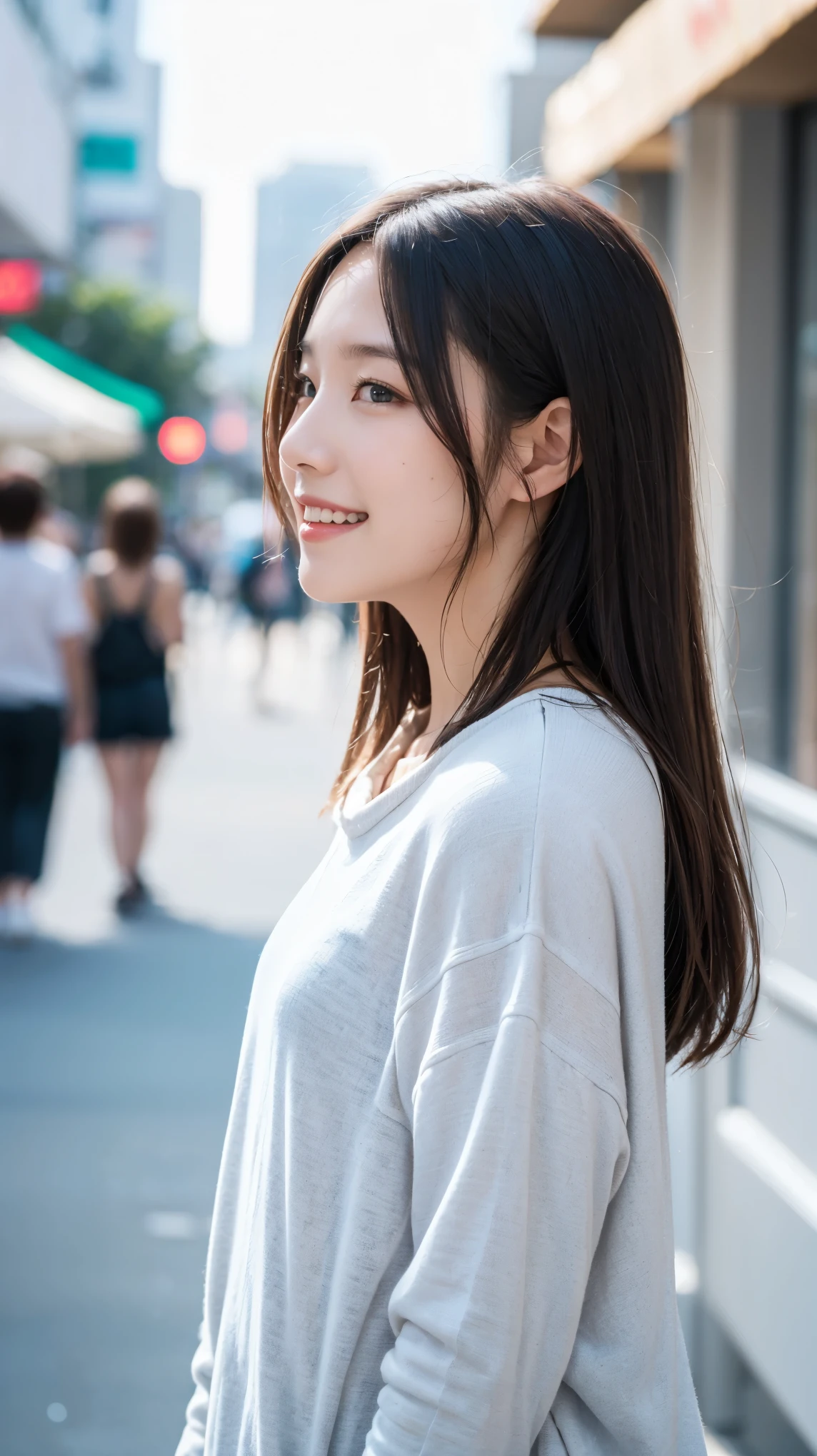 masterpiece, Highest quality, Highest quality, beautiful girl, Cute Face, 8k, Official Art, RAW Photos, When going out in the city during the hot season, please wear cool clothes., profile, Tie up your hair, , Face Light, Film Grain, chromatic aberration, Sharp focus, Very happy smile, Show me your little teeth, Dynamic Lighting, Cinema Lighting, Photo of your face, Upward glance