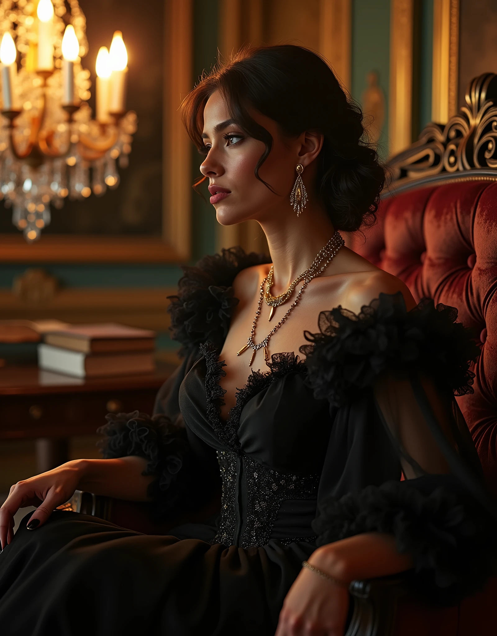 ((Cinematic photography)), (Photorealistic), gold fantasy, whispering black lace, beautiful lady sitting in a renaissance armchair,
with couture delicate black chiffon frilly gown,
glittery diamond necklace, high collar embroidery collar, chains gold earrings, wind,
long gown, exquisite antique mansion study room setting, gold chandelier,
bright vibrant colored, photorealistic, fashion magazine style,
in the style of Karl Lagerfeld, 16k