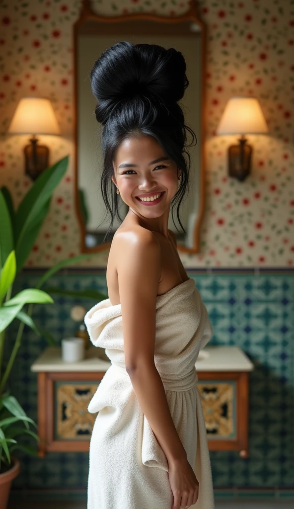 Beautiful Asian woman,((full body shot from hair to feet)), with a very large hair bun, the size of the bun is 8 times the size of her head, very large traditional Javanese hair bun, circular bun, shiny black hair, wearing towel on body, both hands holding a bun,with longhair , length knee hair, longhair till floor,gigantic breast, large breast,shaggy ,bathroom atmosphere, laughing,(pose looking back over shoulder) ,