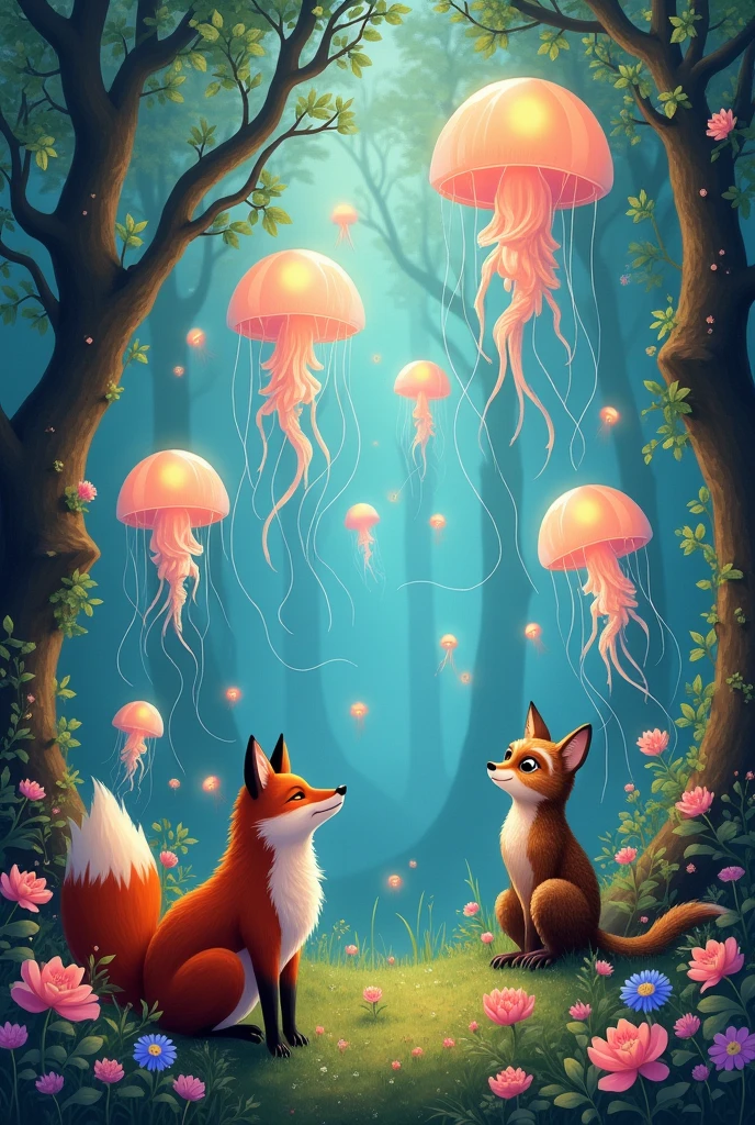 Dreams and creativity are filled with animals, lots of them! There are jellyfish that can fly, not in the water, and other animals in the forest.