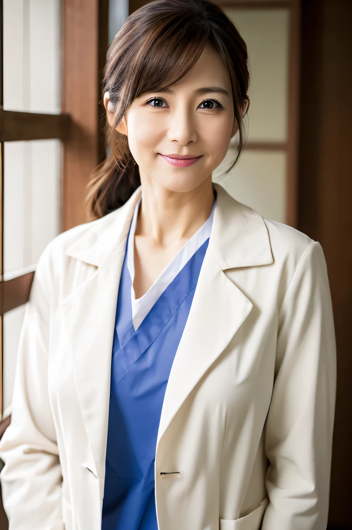 Photorealistic, high resolution, High resolution,Japanese Nurse, 44 years old, Mature Woman, White Lab Coat,nursing care facility,nursing care