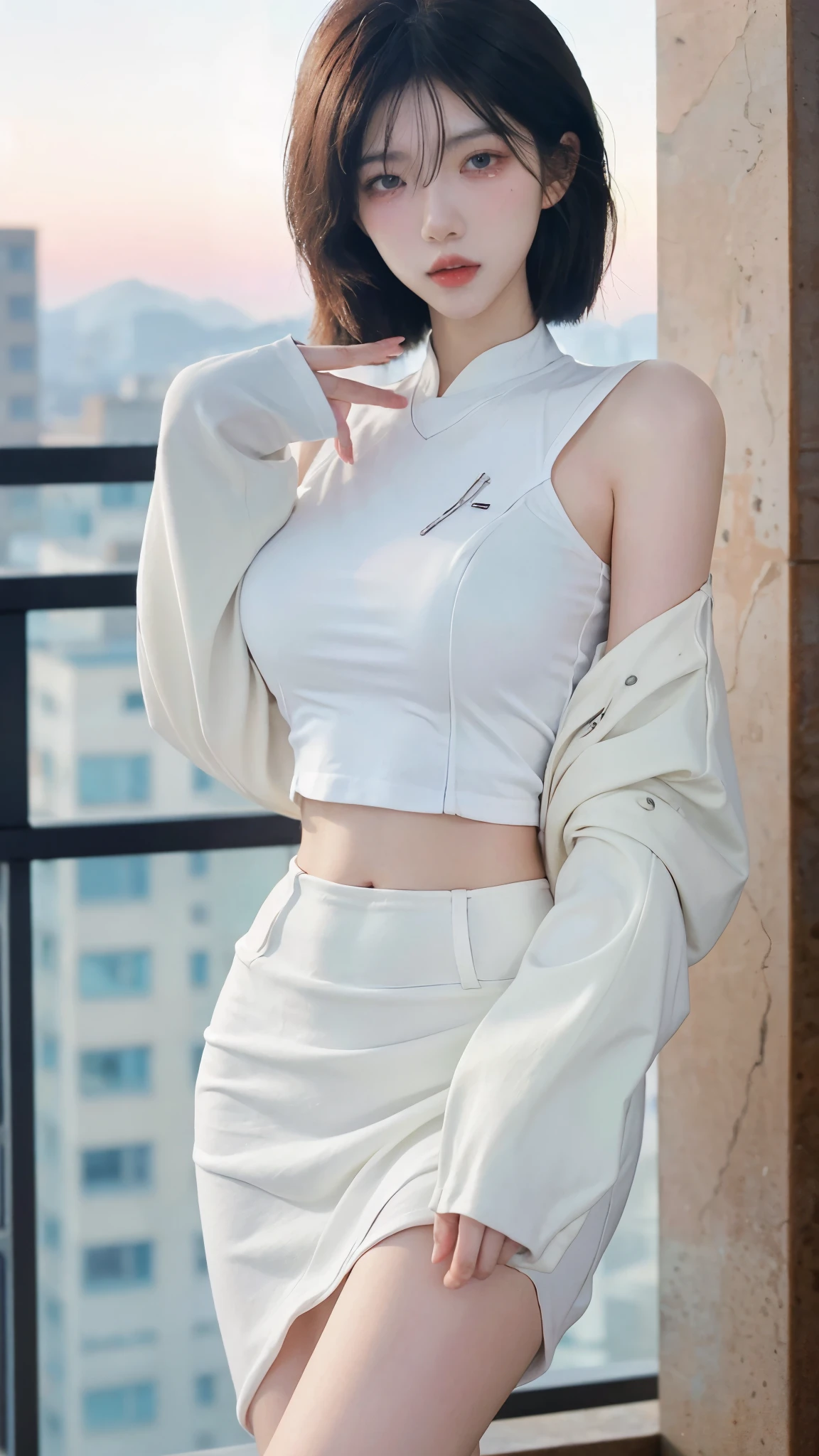 Beautiful woman with perfect figure:1.4，4K，Sailor Background，Ultra-high resolution，Seductive laughter，white腿，(Lifelike:1.4)，Layered hairstyle，white皮肤，black mini pleated skirt，whole body，Very delicate face and skin texture，Double eyelids，皮肤美white，Long hair，white发，white，