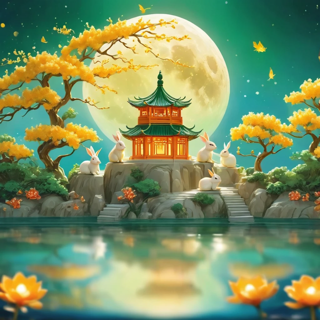 Chinese architecture situated on a super big moon cake, four rabbits sitting next to each other eating moon cake with osmanthus tree, poster design, masterpiece, super fine, 8K, 3D cartoon miniature scene with gold coins, treasure chests, calm water surface background, green water surface with moon reflection cute rabbits, yellow flowers floating on the water surface, the moon is just showing half of the water surface, osmanthus tree, green and light orange gradient in the background