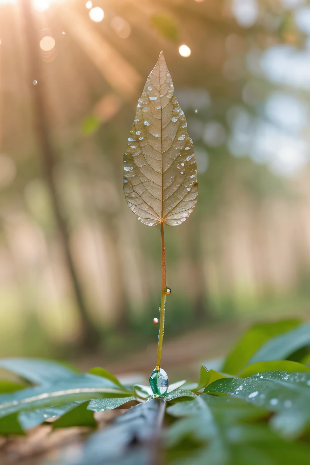 realistic, wallpaper, crystal foreground, water droplets on the leaves, big leaf on the ground, forest in the distant, dewdrops, detailed droplets, best quality, masterpiece