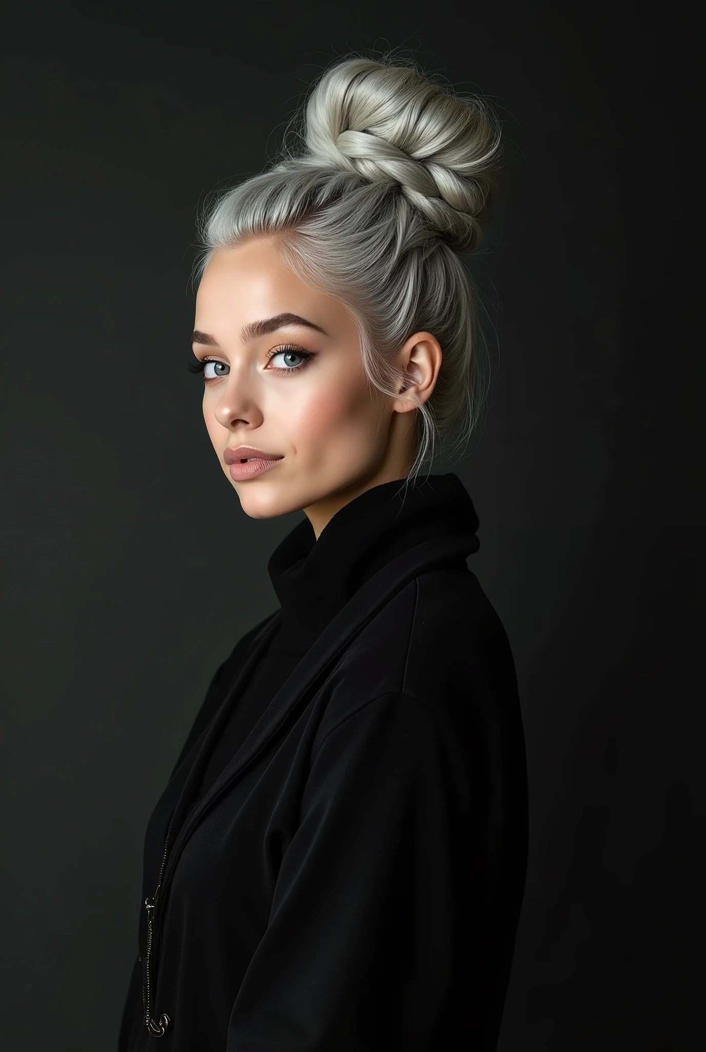 long shot, full height, (Beautiful girl with white skin, 30 years, light gray hair, Many braids in a bun, with bright shining eyes, soft, flowing facial features, girl model, dark clothes, professional photo, 4K, a high resolution, high detail, aesthetically pleasing, Beautiful, realistic, standing straight, looks straight, against the backdrop of a black living room, (highly detailed skin:1.2), 8k contract, SLR camera, very detailed face, artistic composition, photo)