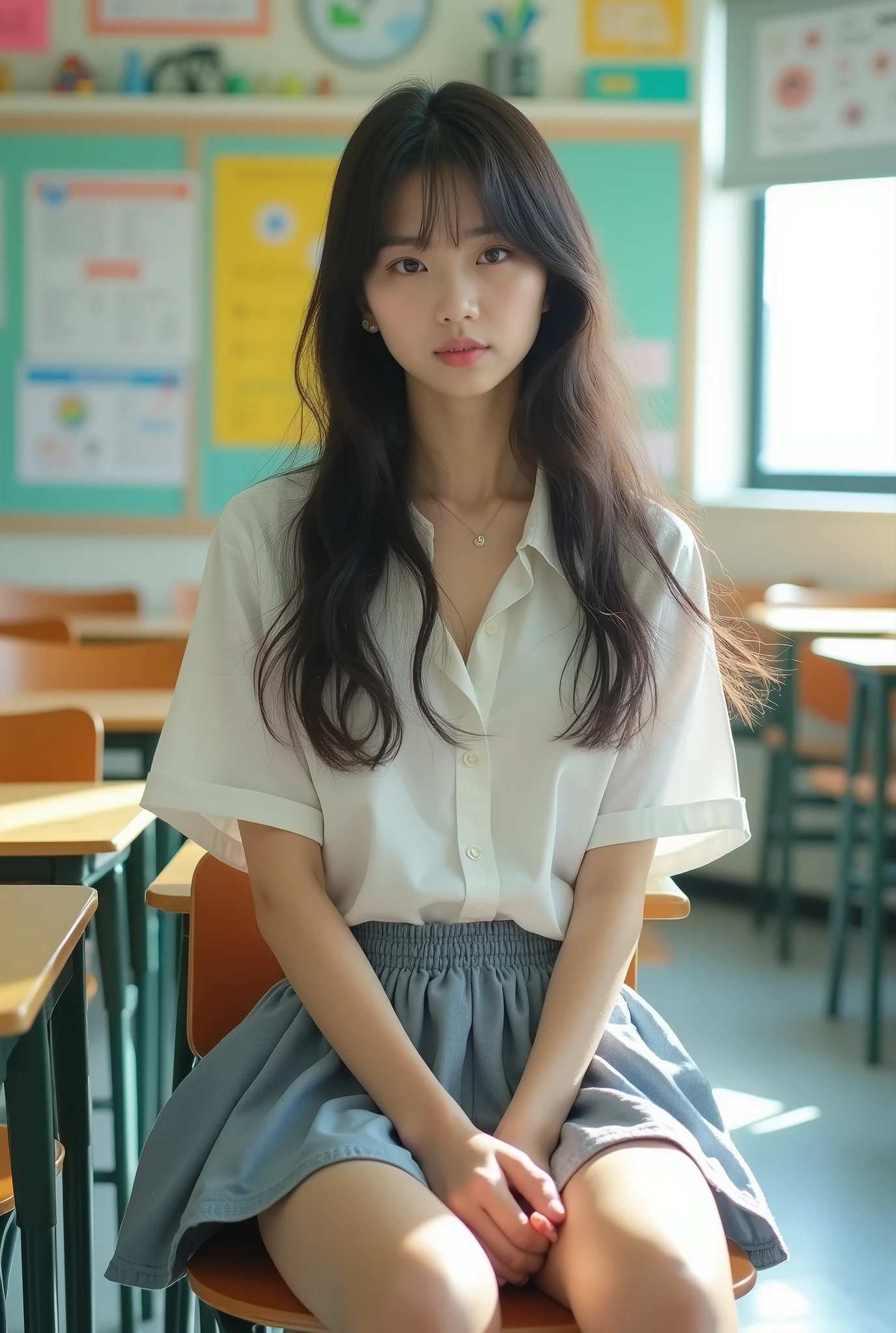 live-action、photograph、(Browsing Caution), 8k, Highest quality, masterpiece,Japanese , 19 years old, Long Hair, classroom, Japanese high , (mini skirt:1.3), (Please lift your skirt:1.3), (Pixie_cut), (Show light blue panties),((White shirt)), (Bra see-through)