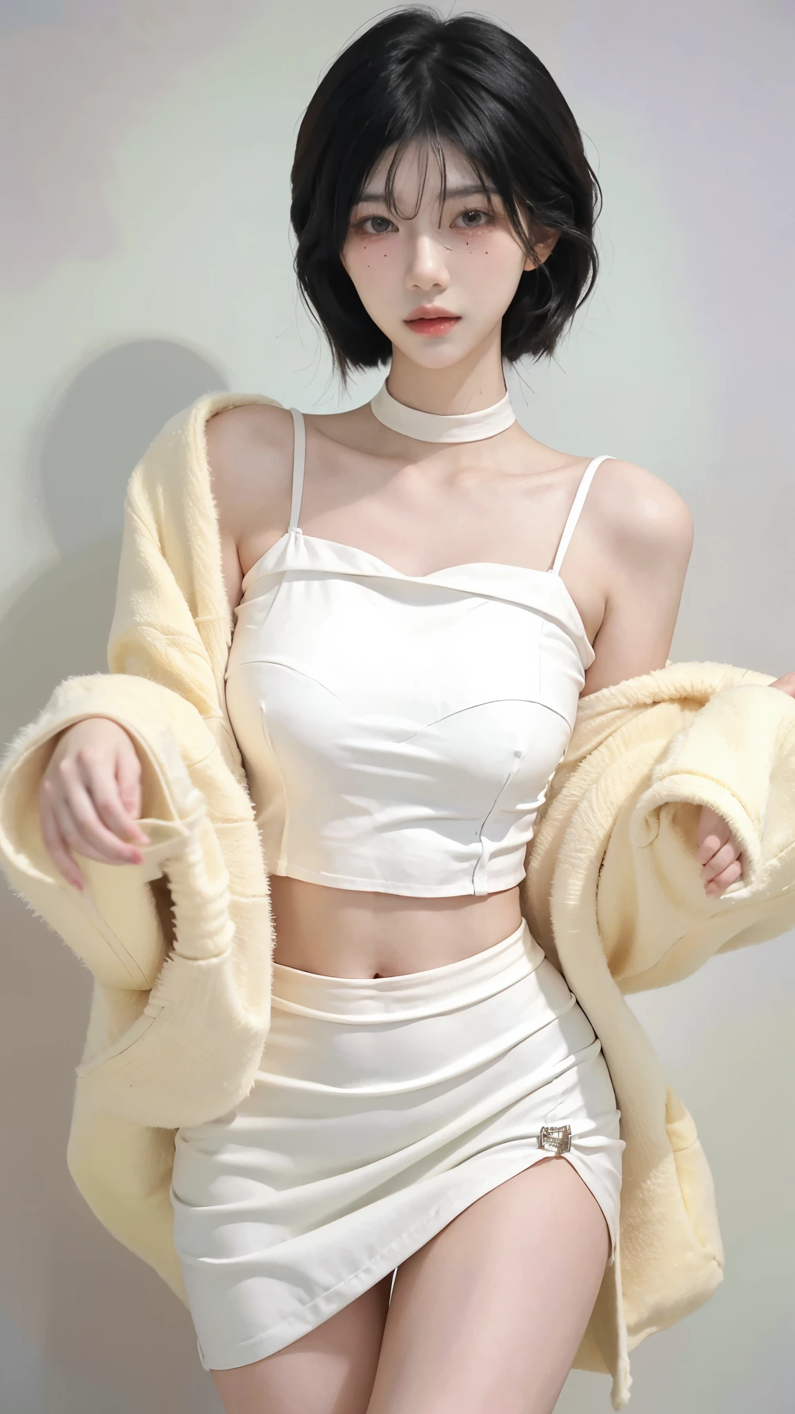 Beautiful woman with perfect figure:1.4,4K,Sailor Background,Ultra-high resolution,Seductive laughter,white腿,(Lifelike:1.4),Layered hairstyle,white皮肤,black mini pleated skirt,whole body,Very delicate face and skin texture,Double eyelids,皮肤美white,Long hair,white发,white,
