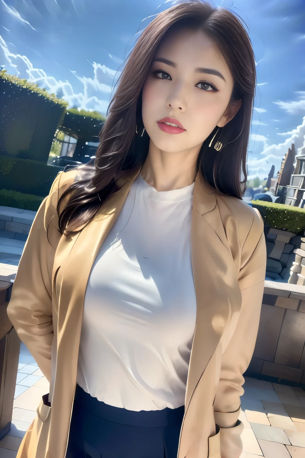 ((Highest quality, 8k, masterpiece :1.3)),Gravure idol,outside,Tokyo Disneyland,Cinderella Castle,squirt,(Full Body Shot),A faint smile,Saggy breasts,Beautiful pose,Looking into the camera,Red lipstick:1.2,Dark lipstick:1.2, double eyelid,Navy blue mini skirt,(White blouse),(masterpiece: 1.3), (Maximum resolution: 1.4), (Ultra-high resolution: 1.2), Cinematic Light, Ultra-high resolution, Detailed eyes and skin, 8k resolution, Perfect Style, Beautiful expression,Highly detailed face,Glossy Lips:1.2,Straight Hairstyles,Look forward,(Orange jacket),Very tall,blue sky