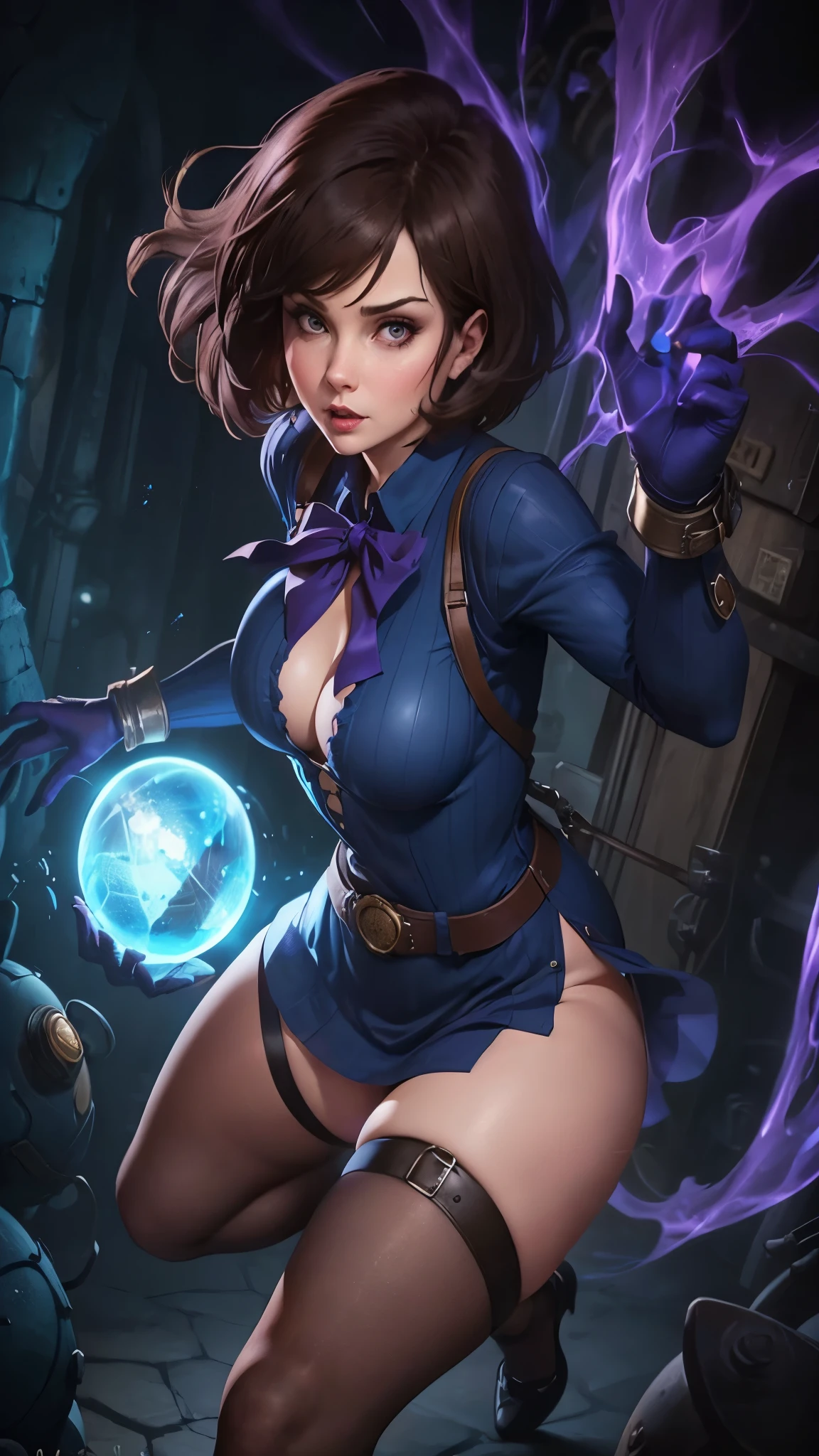 Curvy Elizabeth, small boobs, huge hips, (BioShock style), face detailing, ultra quality, (blue purple light), ((dark brown shirt mini dress, see through)), ((see through)), jacket, belts, face detailing, ultra quality, stockings, ((huge puffy nipple)), ((strong stance)), no panties, in catacombs, (magic sphere, magic electrics gloves)