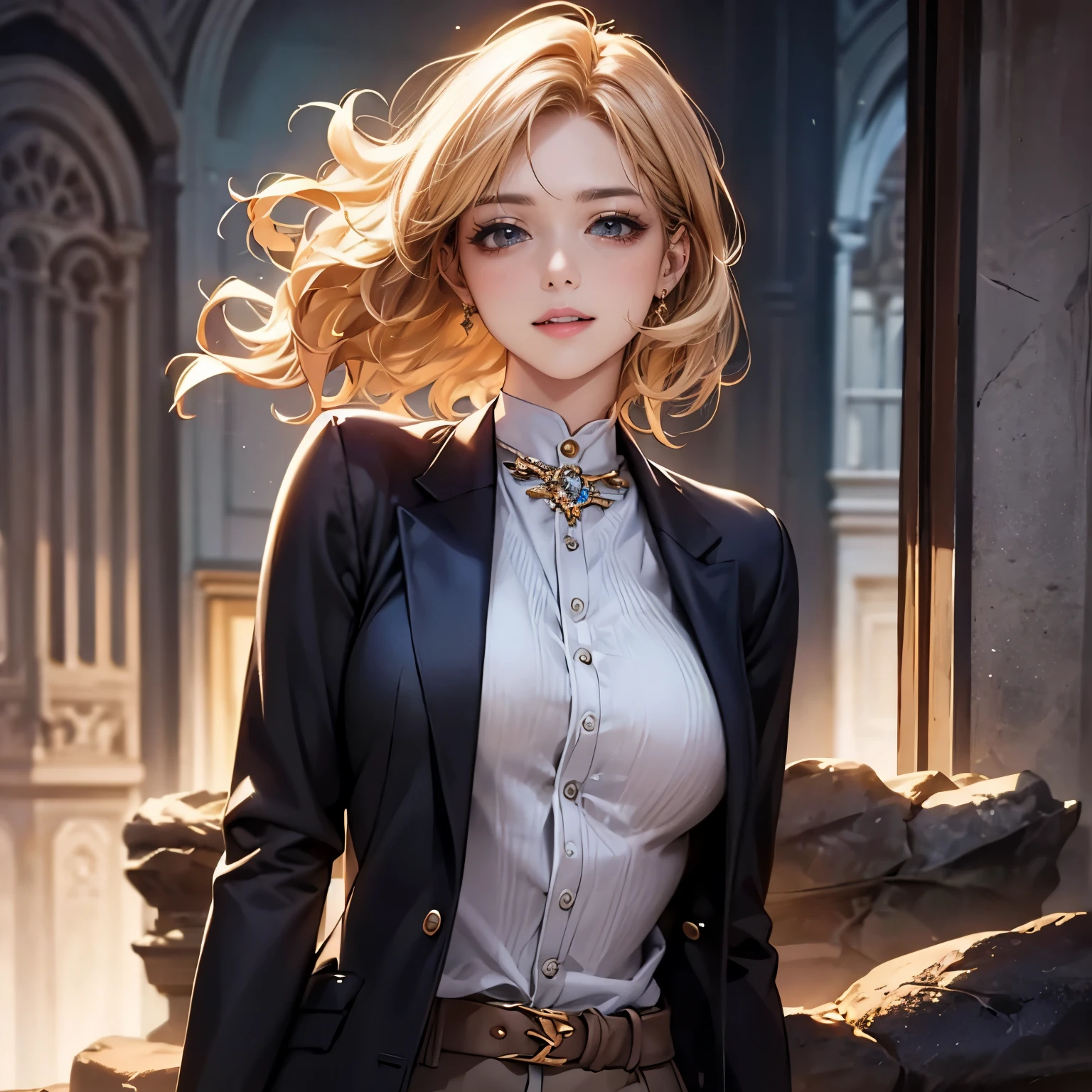 Highest quality、masterpiece、8k、Realistic、超High resolution、Very delicate and beautiful、High resolution、Perfect female body、Beautiful woman、Mature Woman、Woman in a suit、Facing forward、Wavy short hair、Blonde、Chico Art、smile、facefocus