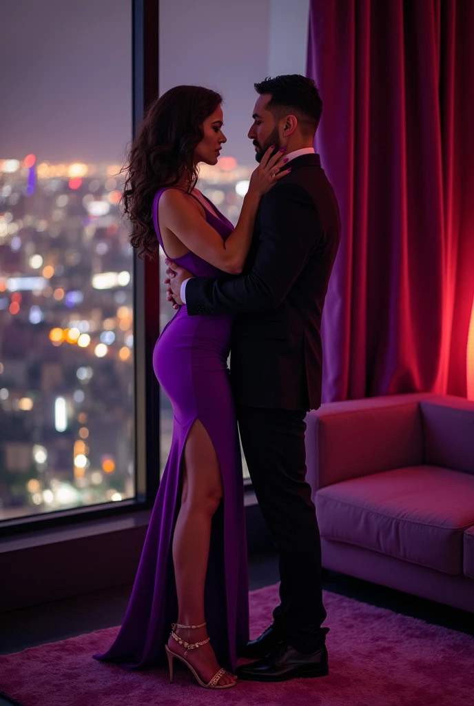 Mistress with purple dress and high heel sandals choking a helpless suited slave man in a penthouse