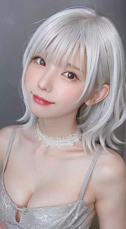 masterpiece, Highest quality, 8k, Absurd, (Full body front view:1.4), ((((Beautiful white hair))))、((White haired Japanese woman)))、(Short wavy white hair:1.5)、beautiful girl, Cute Face, eye shadow，Looking at the audience, Laughter, Surreal, High resolution, photograph, Film Grain, chromatic aberration, Sharp focus, Hmph, Face Light, Dynamic Lighting, Cinema Lighting, Professional Shadow, Simple Background, (Dull grey background:1.4), Most detailed, Very detailed, Very detailedな, finely, Real Skin, Delicate features, Detailed face and eyes, Sharp pupils、Realistic student、(Korean、Japanese、Chinese:0.3)、((:1.3))、Natural Shading、((Thin pubic hair))、K-POPアイドル)Calm and happy like a goddess、(((The chest comes out、Nipples)))、(((Between the Strandelden)))、Look at the viewer with your whole body､Choker on neck､Earrings