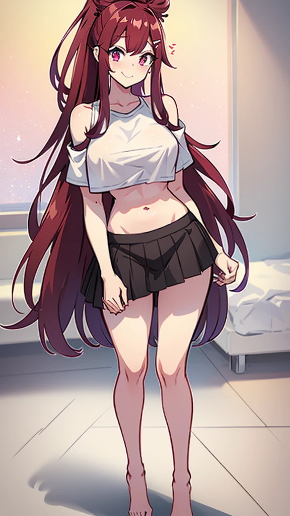 High tail hairstyle, two Ponytail hairstyle, Ponytail hairstyle, Long wavy black hair, standing posando, anime girl style, pixel art anime style,penetrating look with deep eyes,red and purple eyes, hair with a ponytail hairstyle trapped with a big red bun, women, red hair clips, x color shaped hair clips , smiling face blush, next to his bed, Skirt, tank top, Black hair, thighs grandes, NSFW, from below, neckline, looking at the viewer, lascivious smile, ((oversized t-shirt)), off the shoulders, without pants, washing machines, thighs, ((White T-shirt)), standing, hands on the hips,