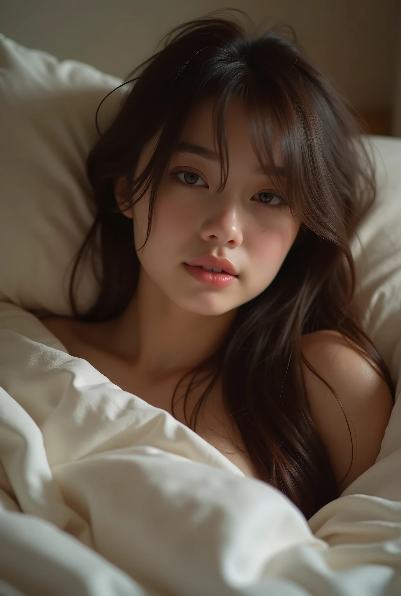 Sexy beautiful girl，Have bangs that reach the eyebrows，nude, naked，Slightly longer thighs，pinkish white asian smooth skin，long black hair，perfect body figure，very beautiful smooth face，C cup big breasts。, ((stradled posed, open leg, vagina)), red lips, lying in bed,