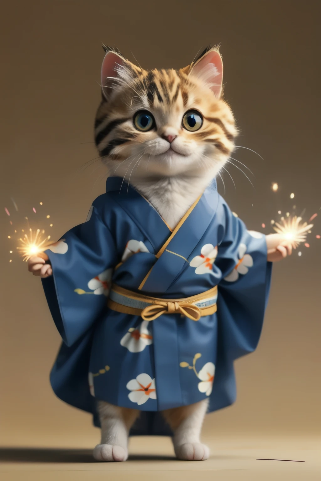 A cute, light-colored kitten wearing a full-length yukata with a cute firework pattern, standing up、smile、Stretch your hands to the sides
