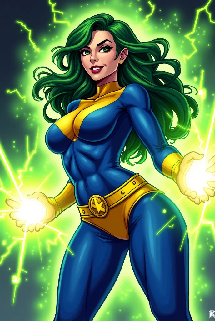 Lorna Dane, polaris x-men, (attack pose:1.4), (busty and voluptuous body), (naked arms), (green thick wavy long hair:1.4), (huge breast:1.6), wearing a blue costume, big yellow in the chest and stomach, with yellow xmen belt, blue glowes, yellow boots, (she's surrounded by a green energy:1.5), (pixel art style:1.4)