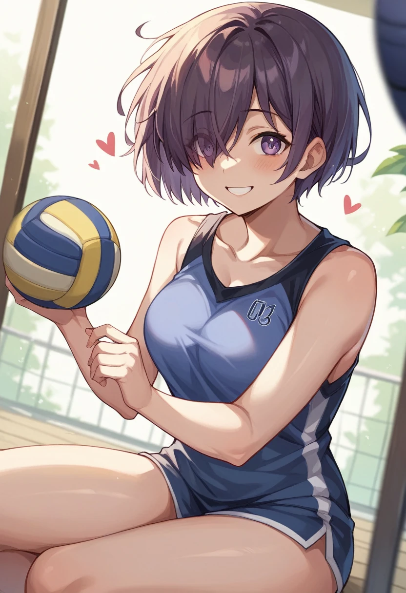 ((best quality)),((highly detailed)),masterpiece,absurdres,detailed face,beautiful face,(detailed eyes, deep eyes),1girl,((dynamic pose)), soifon, black hair, solo, bow, small breasts, cowboy shot, chinese town, outdoors, seductive smile, looking at viewer, wearing purple volleyball uniform, put your hands behind your head, armpits, armpits visible, sweaty armpits,