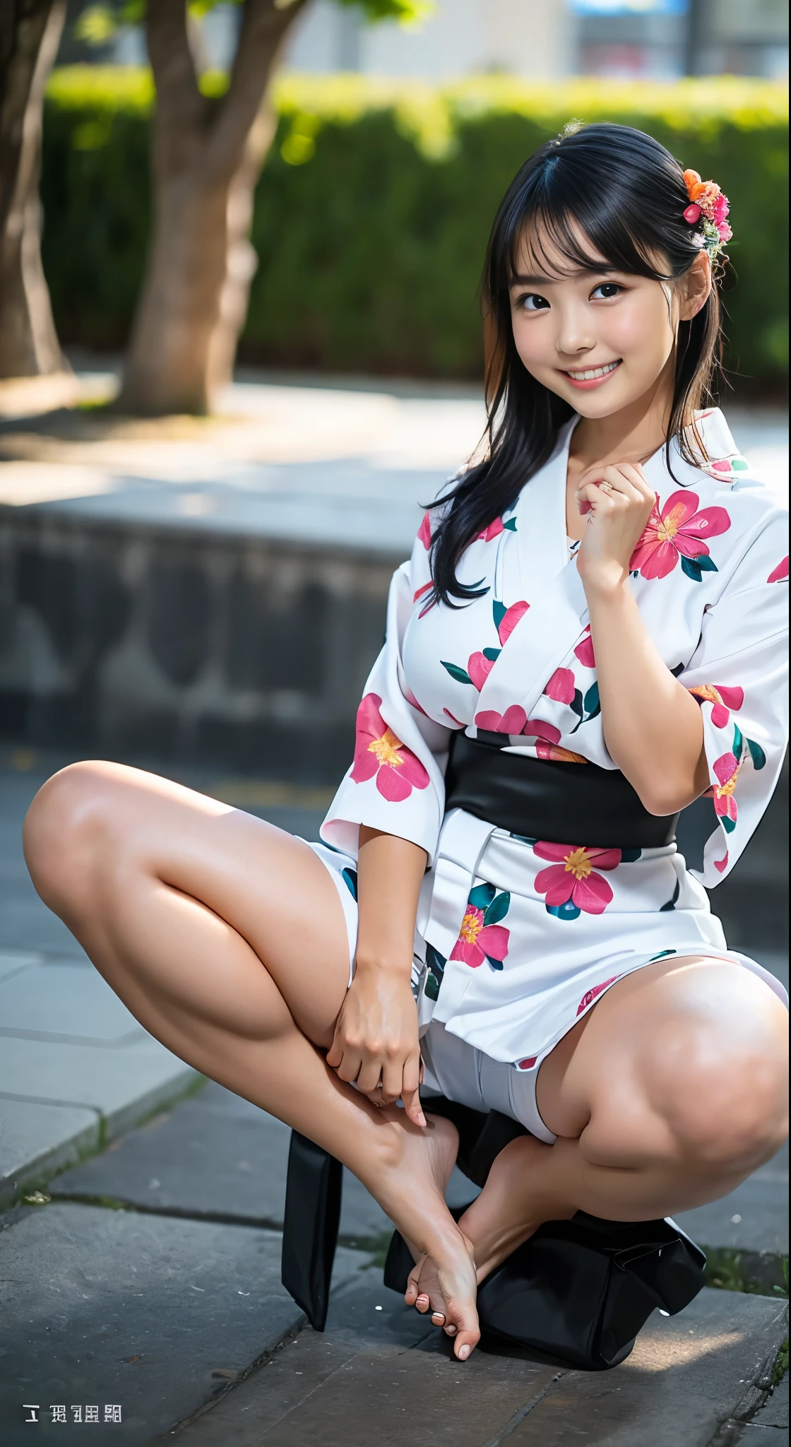 (8k、Raw photography、Highest quality、masterpiece:1.2),(Black Hair、Dark Eyes:1.9),(:1.7)、View your audience,Viewed from the front,White skin,(Floral Yukata:1.4)、(Tight waist:1.6)、(Clothes that accentuate the shape of the breasts:1.4)、(Big Breasts :1.6)、Slim figure、Ultra-high resolution,beautiful,beautiful fece,(One person、No background:1.9),whole bodyボディー,Japanese women,(reality的:1.37)、Photon Mapping,reality、(-face cute: 1.4)、(Cute Smile: 1.8)、(Round face: 1.8)、Radio City、Physically Based Rendering、Depth of field rally background、photograph, (I can see your knees、Thigh close-up:1.8),(:1.6),whole body、Great quality