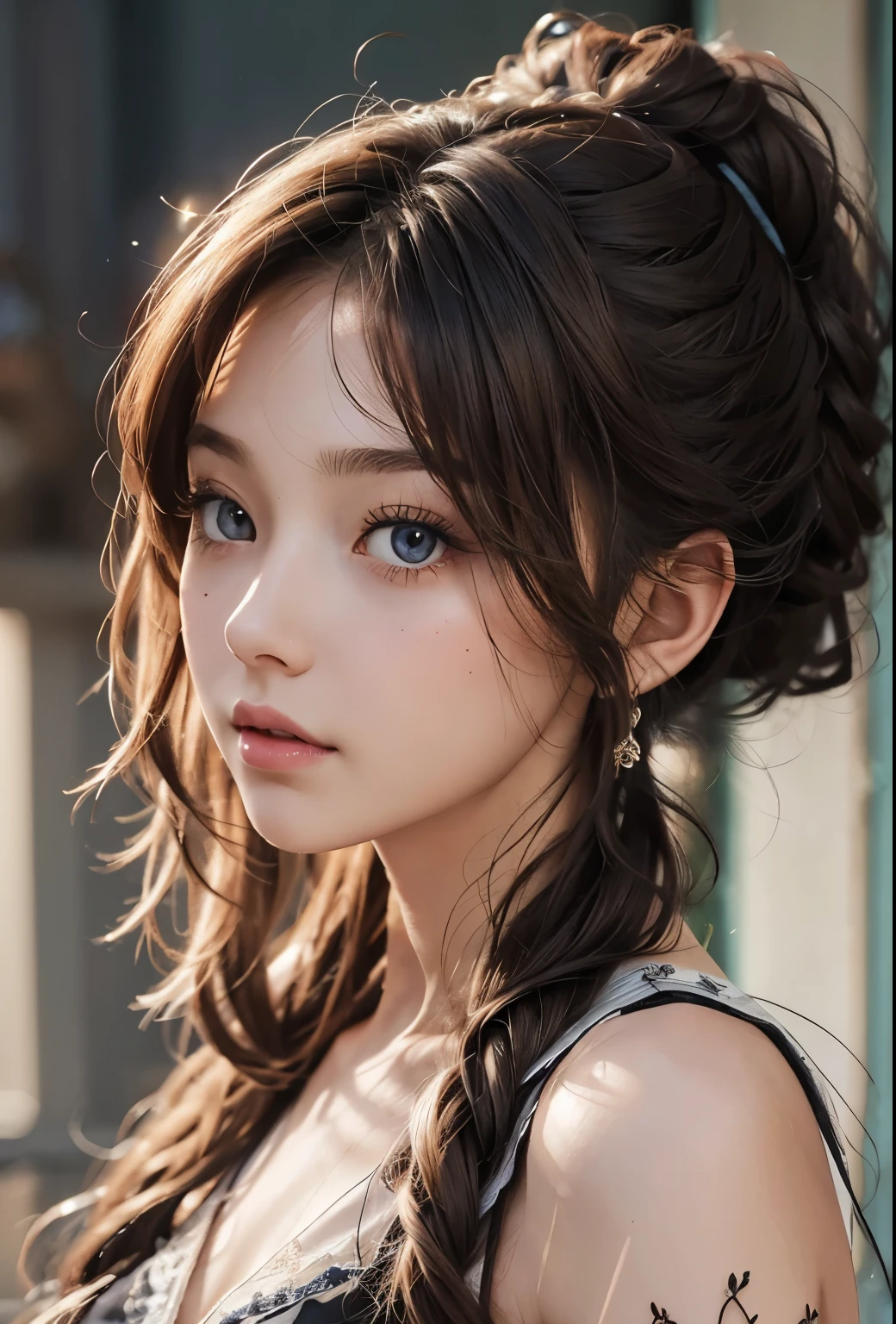 girl,cute,slim body,ultra high definition,((Semi-long chignon)),brown hair,Very delicate image,8k,table top,disheveled hair,beautiful face,detailed hair,detailed eyes,
