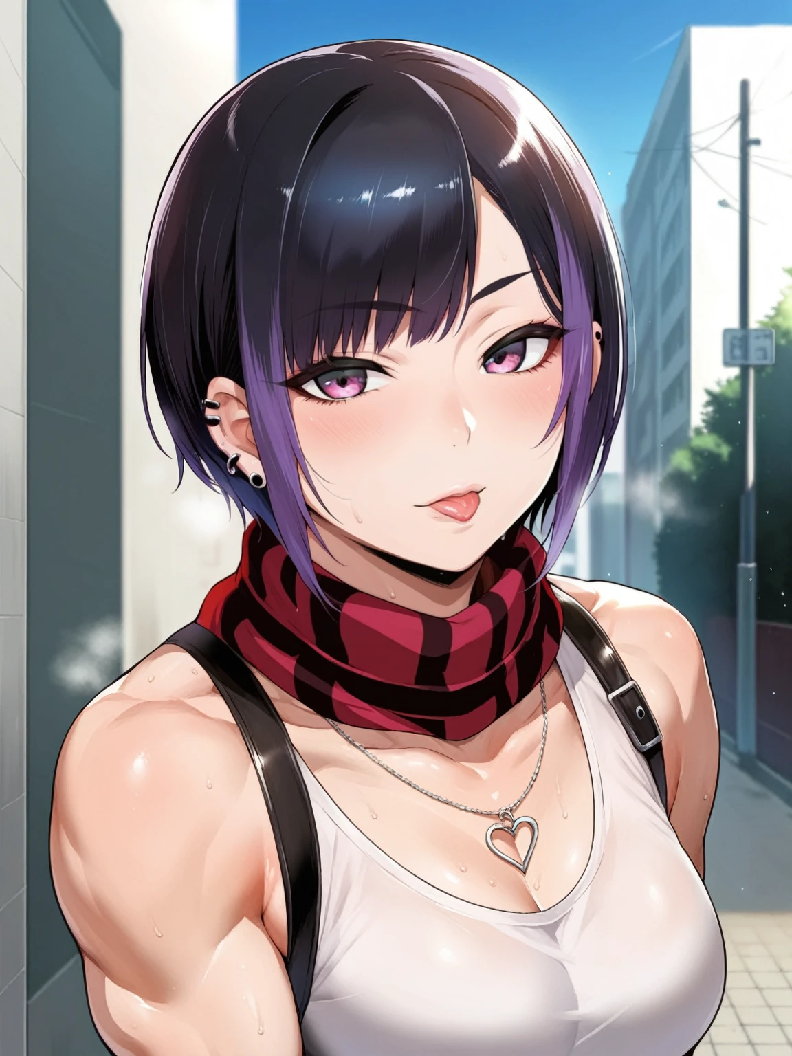 source_anime, rating_explicit, score_9, score_8_up, score_7_up, black_hair, goth, gothic, short_hair, looking at viewer, scarf, summer dress, goth girl, ikuchan, solo, 1cuck, faceless male, muscular male, outdoors, clothed, gyaru fashion,