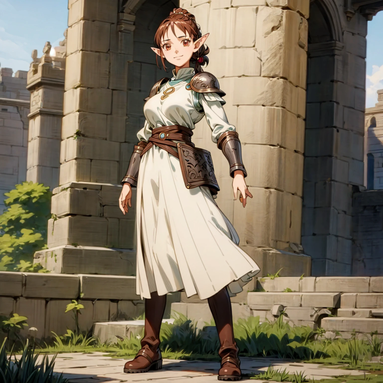 Solo character, full body version, old girl, (elf), brown eyes, brown color hair, long Curly haircut, ponytail, tunic roman outfit, boots, outdoor, Castle, medieval, standing gesture, detailed background, detailed clothing, detailed hair, (Doraemon style art), sad eyes, smile mouth, big breast, heavy armor