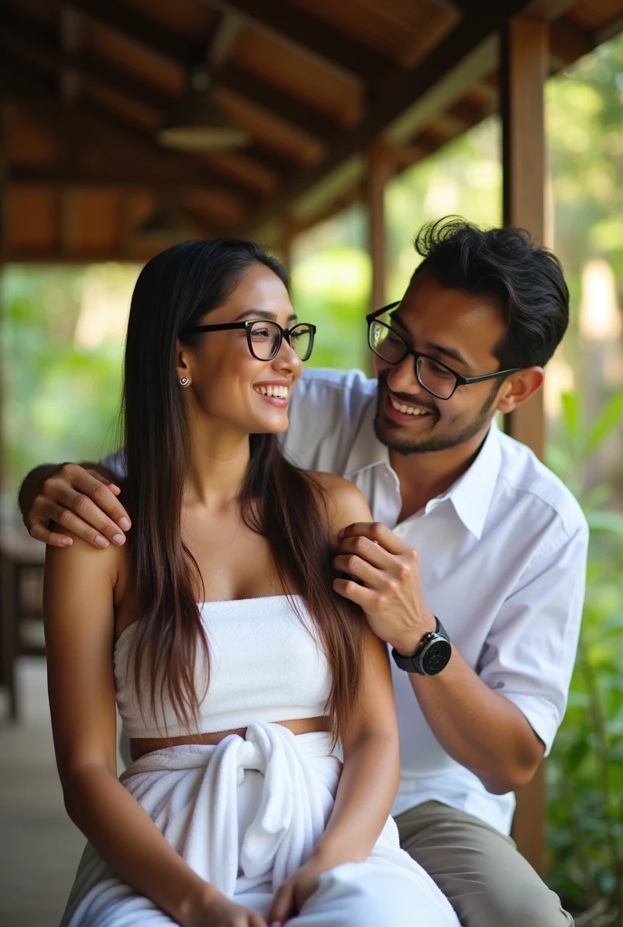 A beautiful Indonesian woman glasses in a white towel.. She has long, wet, big breast brown hair and is sitting in front of the bespectacled malay man glasses.. She is being helped by a malay man who is looking for lice in her hair.. They are smiling.Face facing forward. the simple house porch,Morning,full body, detail Face, 8k