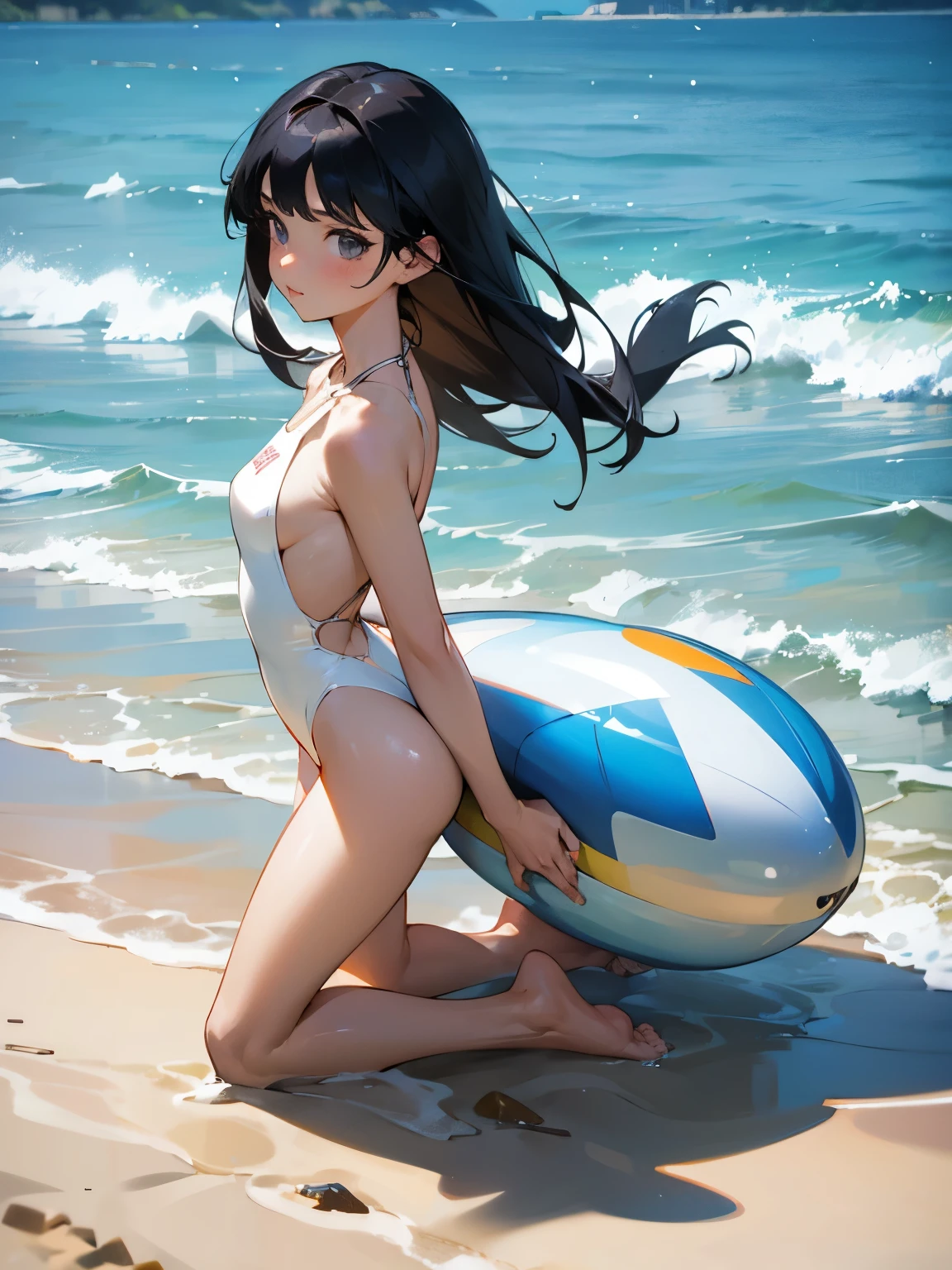 Too Beautiful Girl, Metallic white swimsuit, Sexy slingshot swimsuit, Black Hair, cute, 18-year-old, full body, To be spoiled, alone, The background is the beach, Center of photo