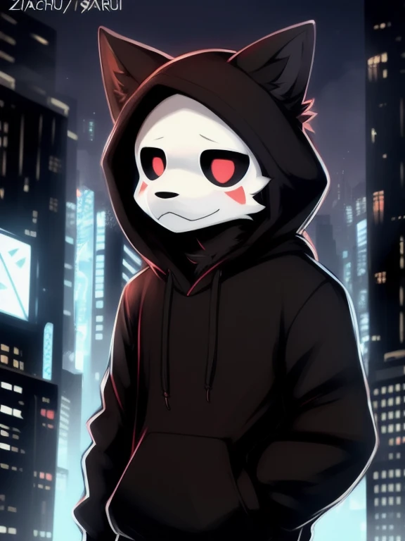 by zackary911, (coffeesoda:1.1), hioshiru, zackary911, puro, anthro, male, solo, clothing, fur, 2022, black clothing, hoodie, black topwear, lidded eyes, black hoodie, cyberpunk city background,