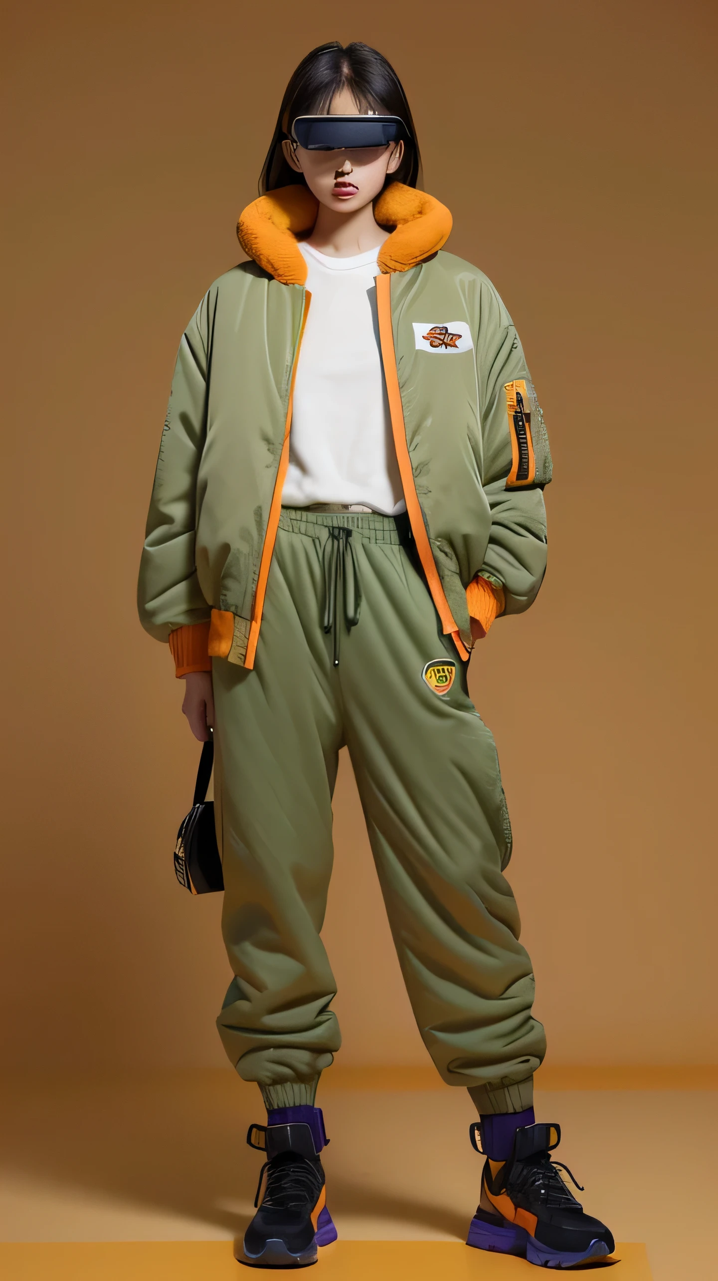 full body image, (ultra detailed,ultra high resolution,detailed background),((2d)),((flat color)),((dull color)), 1SOLO, looking at the viewer, baggy flight suit, oversized bomber jacket with sheepskin collar, (yellow, violet, cian, green, orange:1.3), plush collar, full body image, use VR glasses, ((Baron&#39;s Desert Intricut Fund)), ((apocalyptic city)), full body in frame, ((drone next to her))