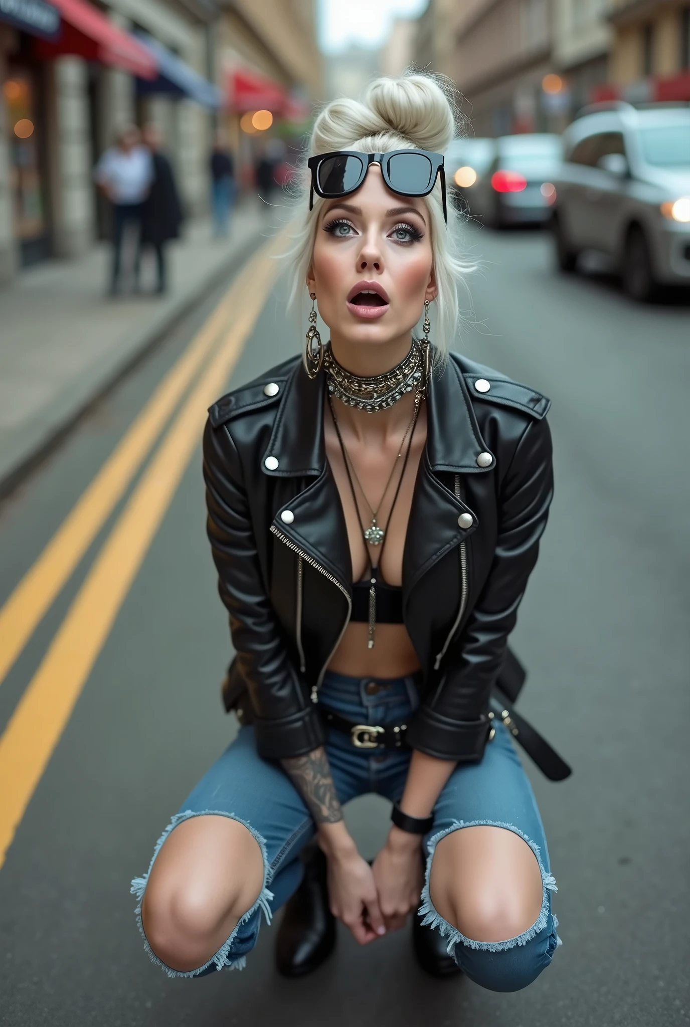 russian milf woman, grey hair (big top bun) and sunglasses as headband (big maxi sunglasses), with very light blue eyes, extremely pale. Wearing cropped black moto jacket with lots of zippers, black bra, dark blue jeans with worn knees and pointy Chelsea boots with cuban heels . Lots of metallic bracelets, long pendants and collars. Tacky leather belt with oversized chanel buckle. Wide loop earrings. Kneeling, looking up, eyes and mouth wide open in amazement. Hands on her knees. Looking at the camera in amazement, toned abdominals, thin legs and thin arms. tattoed