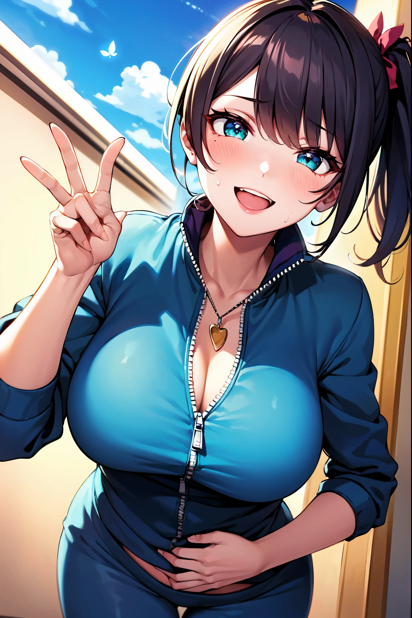 ((super high quality,Ultra-high resolution,16K,super masterpiece,Ultra HD,Ultra high definition:1.3,))One Girl,Short wavy blonde hair,Short Side Ponytail,(Black-purple hair tie shaped like a butterfly:1.4,)Emerald eyes,West 83cm,Height: 155cm,Slender body,Cleavage,((She wears a pink sweatsuit, boldly open at the chest, bare.:1.5,)Tight collar:1.2,A zipper that opens from the neck to below the chest:1.3,Fine zipper,sexly,)(light blue butterfly necklace:1.2,)Smiling happily at the camera,Closing one eye and making a peace sign,Place one hand on hip,leaning forward with her body angled forward,sweating all over,Angle looking up from below,a blue sky with clouds and sun,