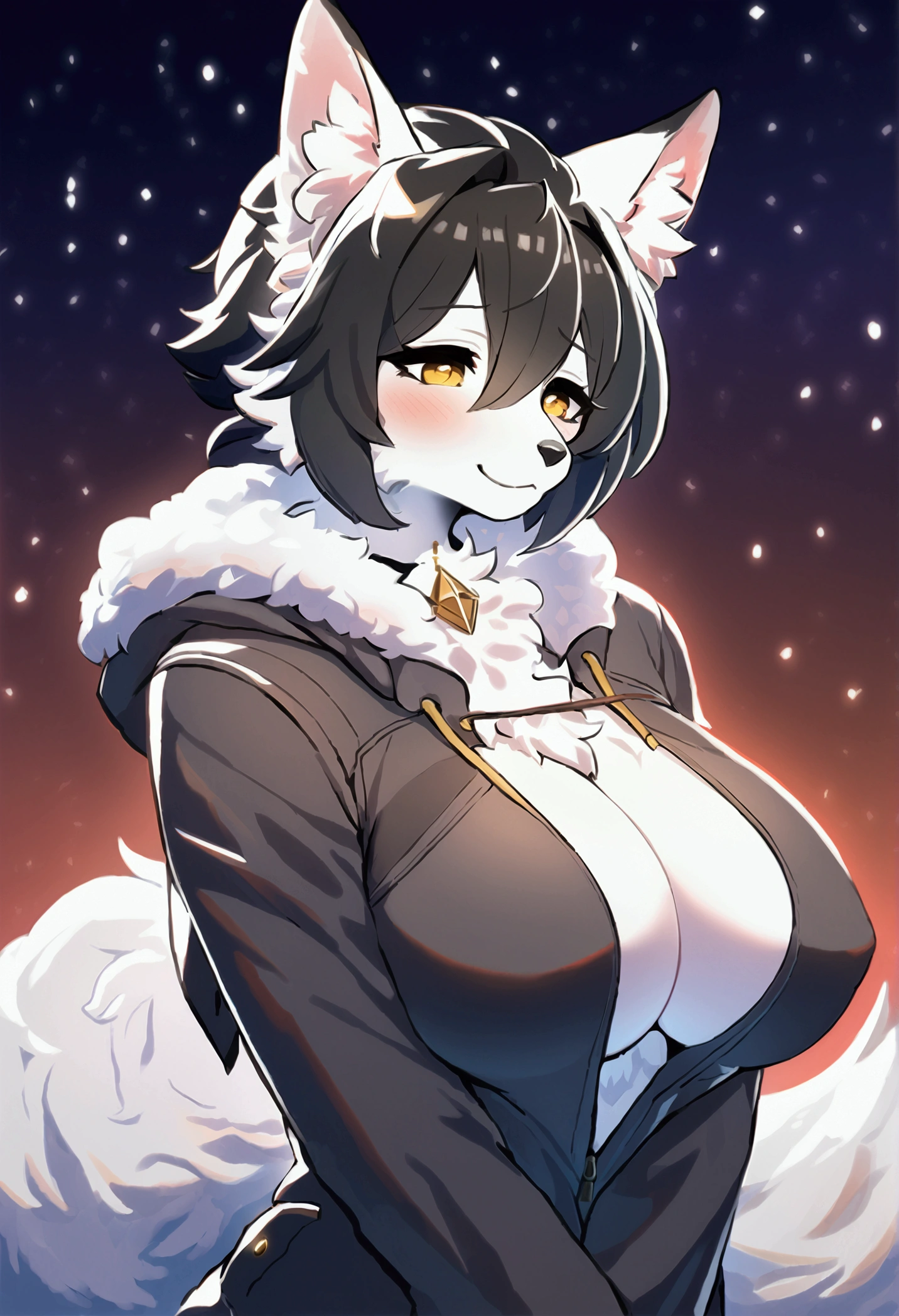 top quality, best quality, High-quality illustrations, masterpiece, 16k, 1080p, uploaded on e621)(kemono, furry, anthro, alone), round, 1 female, hot mother figure, very detailed body face and eyes, white fox, Tiare, (Alchemy Stars), white fur, fluff, big breasts, tail, perfect eyes, yellow eyes, black hair, beautiful winter clothes, hoodie on, beautiful night, body movement, body twitching, shy smile, red blushing,