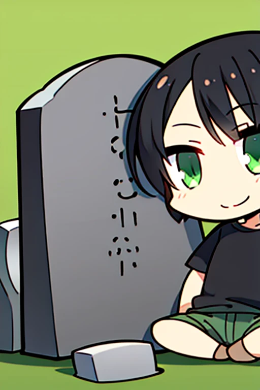 Perfect face. Perfect hands. A black haired boy with green eyes in shorts and Gothic t-shirts is sitting on a tombstone with a big smile