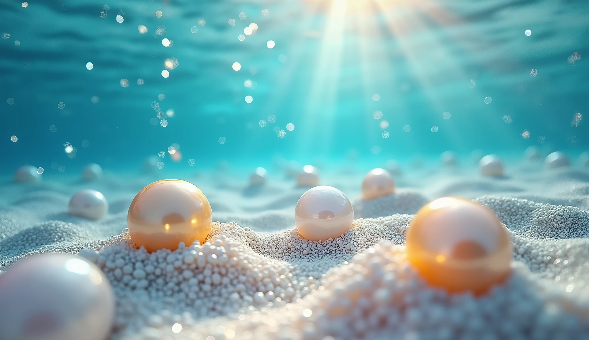 Translated content: Transparent sea water background, shining gold and pearl in the water, blue and silver flashing, soft dreamy colors, bright colors, Instagram style, high-detail level, realistic photo feel, white, blue and purple light perspective, desktop background, good-luck and wealth meaning, underwater photography, macro lens, soft light, dreamy atmosphere, high saturation, fine texture, calm mood