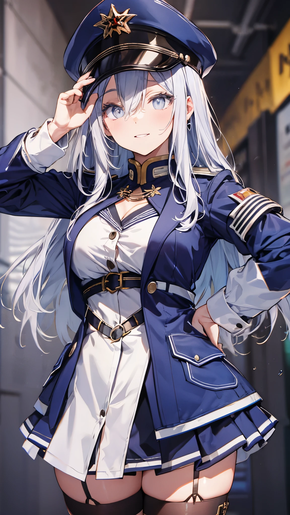 vladilena milize, (grey eyes),light blue hair, hair between eyes, long hair, ahoge,smile,
blue headwear, blue jacket, blue skirt, hat, jacket, military, military hat, military uniform, peaked cap, shirt, skirt, thighhighs, uniform, white shirt, white thighhighs,masterpiece,Noise Reduction,perfect anatomy,high resolution, ultra-detailed, ultra-detailed face,game cg,dutch angle ,beautiful detailed eyes,visualart,five fingers, perfect hands, perfect lighting, sparkling pupils,