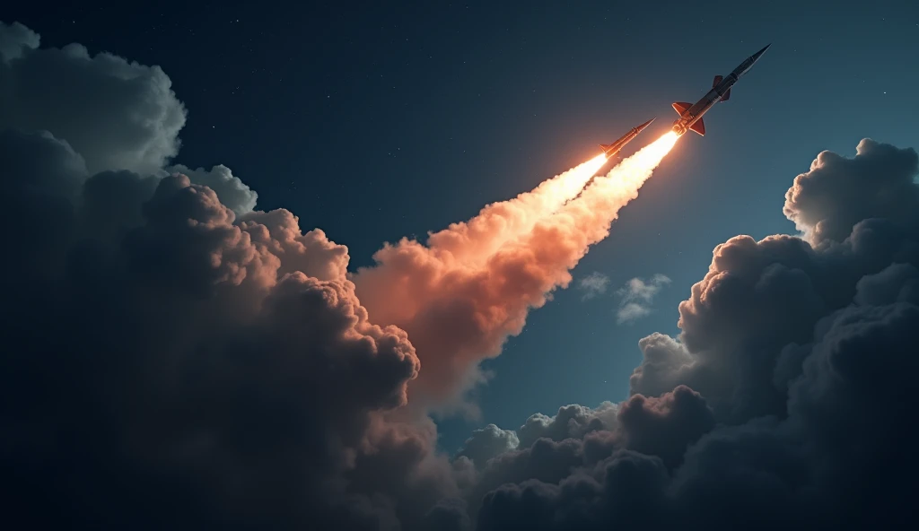 A hyper-realistic night sky filled with tension as two missiles, fired by opposing sides in a war, streak toward each other. The sky is dark and ominous, with thick clouds partially obscuring the stars. The missiles are brightly illuminated by the flames from their engines, leaving trails of smoke in their wake. They are moments away from a catastrophic collision, with the explosive warheads visible at their tips. The overall scene is dark, with the missiles standing out in stark contrast against the brooding sky, evoking a sense of impending doom.
