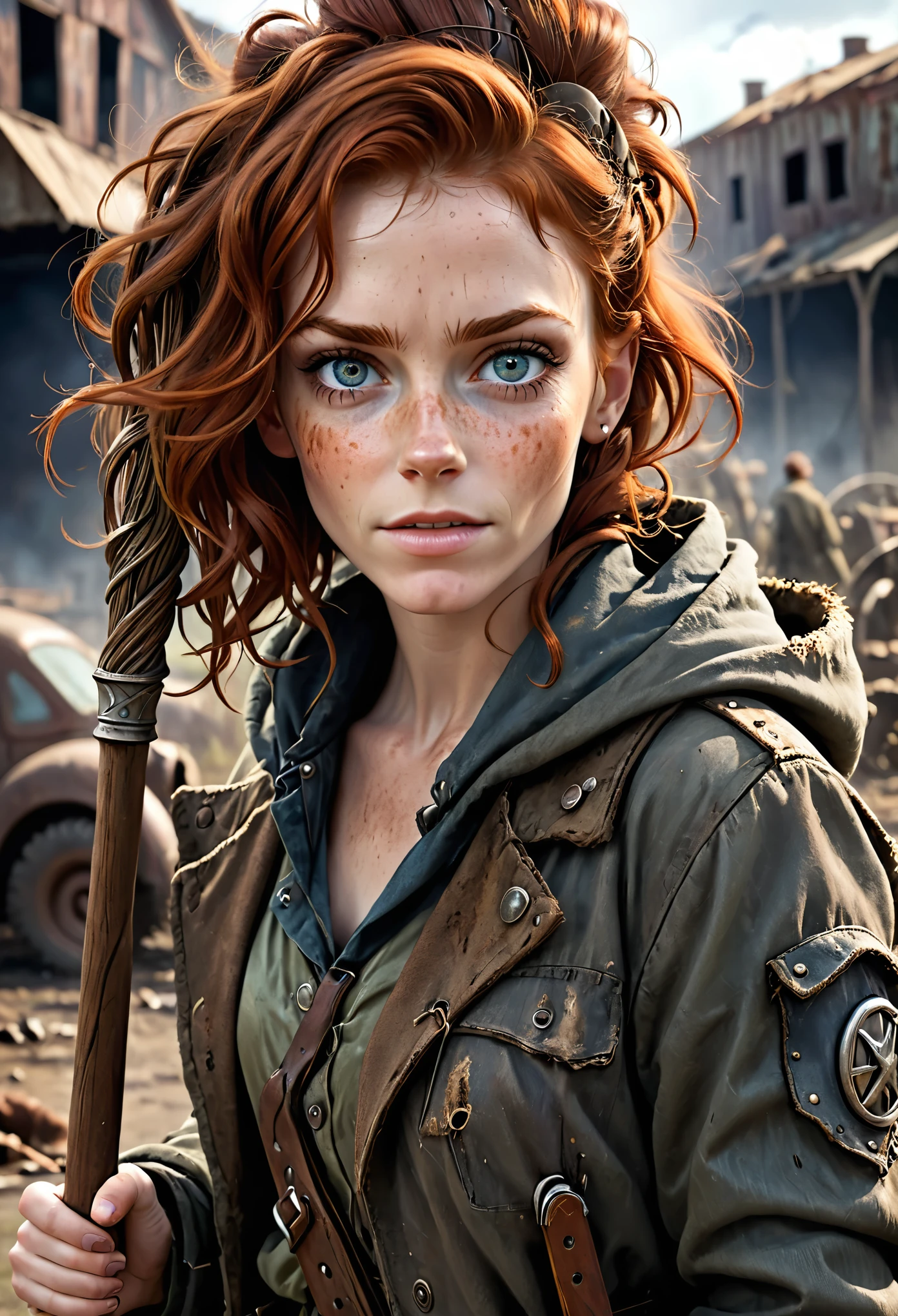(Realistic:1.2), (whimsical:1.2), ultra detailed, modern analog style, photorealistic cute woman, chestnut hair, tattered outwear, post-apocalyptic, detailed face, beautiful eyes, (shy smile:0.7), (freckles:0.5), holding a big staff, exhausted after another battle, dramatic, faded colours, soft focus, soft naturally lighting, looking directly to the camera, centered image, elegant, approaching perfection, hyper realystic, bokeh, kodak 400 porta film, blured post-apocalyptic background 