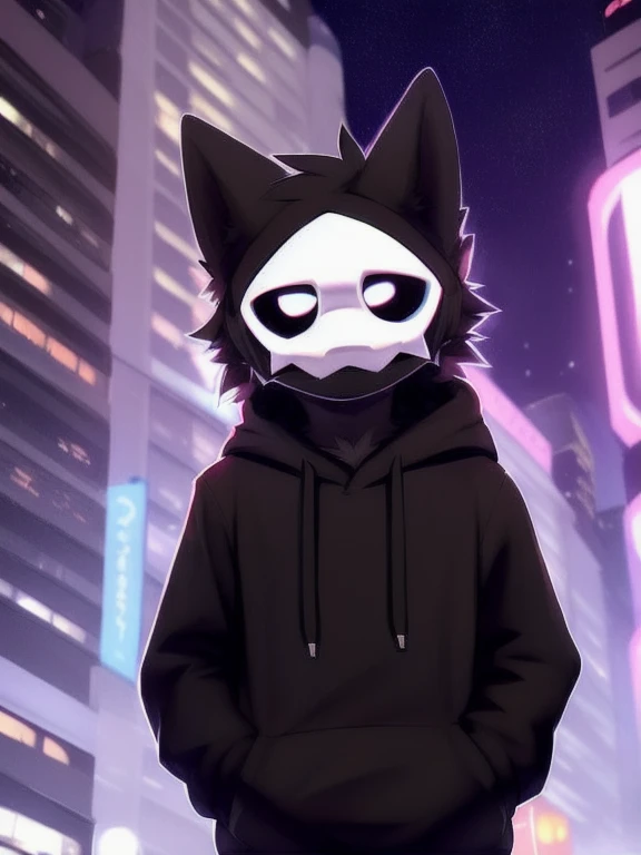 by zackary911, (coffeesoda:1.1), hioshiru, zackary911, puro, anthro, male, solo, clothing, fur, 2022, black clothing, hoodie, black topwear, lidded eyes, black hoodie, cyberpunk city background, 